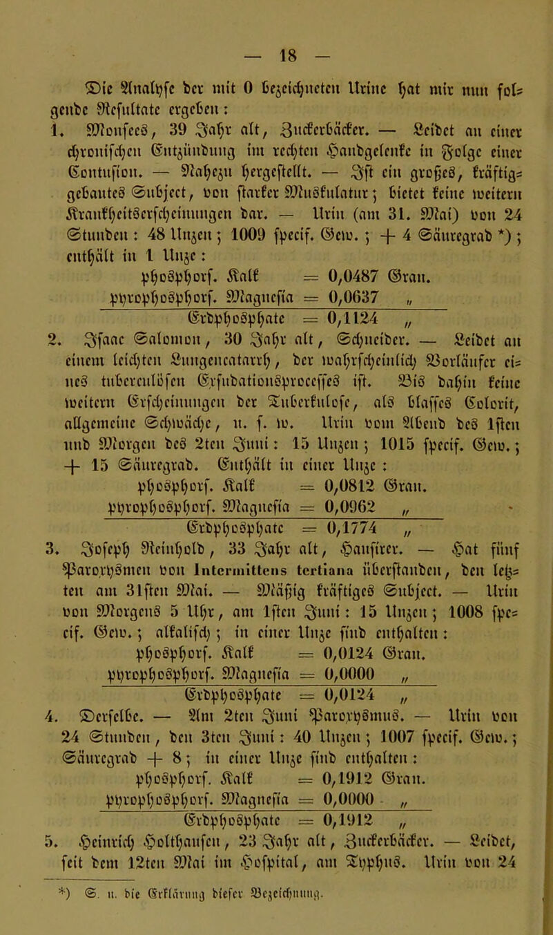 £)ic Slnatyfc bei* mit 0 bejcidjncteu Itriitc fjat mir nun fols geube Stcfultatc ergeben: 4. ©JonfeeS, 39 $afjr alt, 3u(fer&ä(fev. — Reibet au einer djronifdjcu ©ntjünbuug im rechten £>anbgclenfc in golge einer ©ontufion. — ©at;cju Ijcrgcftcllt. — $|t ein grofjeö, fräftigs gebautes ©ubject, tmu flarfcr ©JuSfulatur 5 bietet feine meitern 5?rantt)eitSerfd)cimtngeu bar. — Urin (am 31. ©Jai) Don 24 ©tunbeu : 48 Uujeu 5 1009 fyecif. ©cm. ; -{- 4 ©äitregrab *) ; enthält in 1 Uujc: pljDSpljorf. Jvalf = 0,0487 ©rau. Mrpft()o§pfrorf. ©iagnefia == 0,0037 „ ©rb^üSppte = 0,1124 ~ 2. 3>faac ©alomou, 30 $atjr alt, ©cfyueiber. — Reibet an einem leisten Suugeucatarrfj, ber maf;rfd;ciultd; Vorläufer eis nc‘3 tnbcrculöfcn ©rfubatiouS^roceffeS ift. 5öiS batyin feine meitern ©rfcfyctnungcn ber Suberfulofe, alö blaffcö ©olorit, allgemeine ©d)mäd)c, it. f. m. Urin Dom Slbcnb beS lfleu itub ©Jorgen beS 2tcn $uni: 15 Unjen 5 1015 fpecif. ©em.; 15 ©äuregrab. @ntl;dlt in einer Itu^c : ^ottyfyorf. Äal£ = 0,0812 ©rau. yt)ropf)o8yf)orf. ©Iagnefia = 0,0962 ,, ©rbpfyoopljatc = 0,1774 „ 3. ^ofcylj 9Jciuf;clb, 33 ^aljr alt, $anftrcr. — £at fünf $|3arort)Smcn tmn lntcnnittcns tertiana überftaubcit, bcu lejts ten am 3 lftcn ©iai. — ©Jäfjig f'räftigcS ©ubject. — Urin tmu ©Jorgenö 5 Uljr, am lftcn jguui: 15 linken; 1008 fpc« cif. ©cu?.; alf'alifd); in einer Un$e finb enthalten : yljoSyfjorf. Äalf = 0,0124 ©ran. yi)royl)oSylmrf. ©Jagnefia = 0,0000 „ ©rbptyoSpfyate = 0,0124 ~ 4. ©crfelbe. — 2lm 2teu $uni ^aroftySmuS. — Urin Don 24 ©tunbeu , ben 3ten Quni: 40 Hajen; 1007 fpecif. ©cm.; ©äuregrab -J- 8; tu einer Uitjc finb enthalten : p()oS^f)orf. Äalf = 0,1912 ©ran. l)t;royf)o8yf) ovf. ©iagnefia = 0,0000 ,, ©rbpfyoöpljatc = 0,1912 „ 5. i^einrid; -gmltljaufcn, 23 $al;r alt, 3»cf«bäcfer. — Seibet, feit betn 12tcn ©Jai im $oftital, am StipljuS. Urin tmu 24 *) <3. u. bie (SrHävmti] biefcv 93c$efd)mui}V