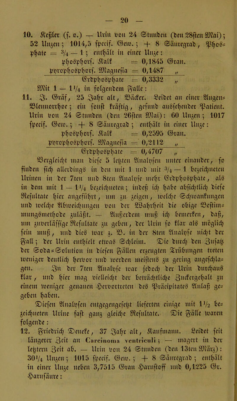 10. &cf$ler (f. o.) — Urin bou 24 ©tuubcu (beit 28flcit ättat); 52 Uitjeii; 1014,5 fpcctf. ©cm.; -f- 8 ©ättvegtab, Vielte — 3A — 1 ] enthält tu einer Unje: ^(;o0^orf. JTalE = 0,1845 ©rau. Vtyroi?l?o6pl)otf. SOtagnefia — 0,1487 „ ©rb^boSptyate = 0,3332 „ Sftit 1 — 1J/4 in folgcnbem £yallc: 11. 3. ©räf, 25 ^»al;r alt, 23äcf'cr. Seibet au einer Slugcus 23leuucrrl)oc *, ein fouft fräftig, gefuub auöfe^enber Patient. Urin boit 24 ©tuubcu (beit 26ften SOlai): 60 Uttjen ; 1017 fpecif. ©cm. •, + 8 ©äuregrab \ enthält in einer Uttje: pboöpljoff. 5\alE = 0,2595 ©ran. ppropboöpborf. SDiagitefia = 0,2112 „ ©rbpboöpbate = 0,4707 „ 83ergleid)t mau btefe 5 lebten Slnalpfeu unter eiuanber, fo fiubeit fid) allerbiugö in bcu mit 1 uub mit % — 1 bejeidjueteu Uriucu in ber 7teu uub 8tcit Slualpfc mcl)r ©vbpljoöptjatc, als tu bem mit 1 — 1J/4 bcjcidjnctcu; tubef? id; fyabc abfidjtltd) biefe SRcfultate t;ier angeführt, um jtt jeigen, mcld)C ©djmattf’itugen uub meld)e Slbmeidjuugcn boit ber 2Bal)r^eit bie obige 23cftim= utuugSmctf;obc juläfjt. — Slufjerbem muf id; betnerfeit, bafj, um jimerläffigc Blefultatc jtt geben, ber Urin fo f'lar alö möglid; fein uitifj, uub bicS toar j. 23. in ber 8teu 2(ttaU)fc nidit ber g-all; ber Urin enthielt ctmaö ©djleim. ©ie burd) bcu 3i'fa(J ber ©oba = ©olution ttt biefett g-ällen erzeugten Trübungen treten meniger beittlid; Verbot uub toerbcu meiftenö 51t gering attgcfd)la= gen. 3” bet 7teit Slitalpfc mar febod) ber Urin burdjauS f'lar , uub ^icr mag toieHeidjt ber beträchtliche ßurferge^alt jtt einem meniger genauen £>eroortreten bcö ^ßräcipitateS Slnlafj gc= geben haben. ©iefett Stualpfen cutgcgcngcfctjt lieferten einige mit lJ/-2 bc= jeidjueteu Uritte faft gattj gleiche Sficfultate. ©ic lwareii folgcube: 12. g-riebrid) ©eitcfe, 37 ^aljr alt, Äaufntaun. Seibet feit längerer 3ät au Carcinoma vcntriculi; — magert in bet lejjtcru 3ctl ab. — Urin bou 24 ©tunbeu (beit 13ten SDlätj): 30V4 Uujett 5 1015 fpecif. ©eto. ; -f~ 8 ©äuregrab \ enthält tu einer Uttje neben 3,7515 ©ran £>aruftoff uub 0,1225 ©r. ^arufättre: