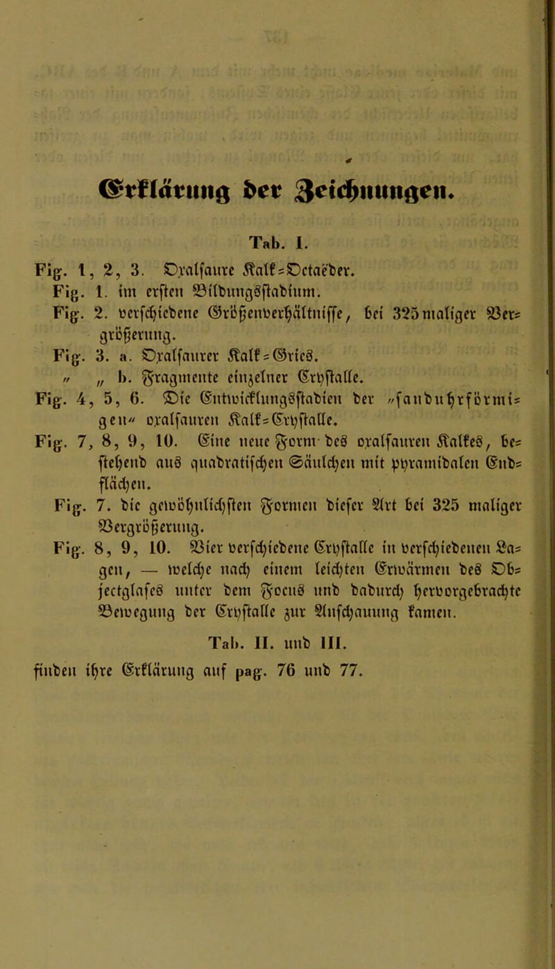 €£rflä?ttttg bet 3etd>mingen* Tab. I. Fig. 1, 2, 3. SDratfaurc 5?atf ==£>ctaeber. Fig. 1. im erften 93ilbung8fkbtum. Fig. 2. ttetfdjtcbene ©tbjjentoferljältniffe, bei 325 maliger S$er= gröfjerung. Fig. 3. a. Ojratfaurer 5talf = ©rtcö. // „ 1). Fragmente einzelner (Srbftallc. Fig. 4, 5, 6. ©ic (Sutmicftungöftabieu ber //fanbutjrförmts geit ojralfauren 3talf'=(£rb[talle. Fig. 7, 8, 9, 10. (Sitte neue g-orm beö oralfaureit eö, be= fle^eub auö qitabratifd)en 0ciuld)eu mit pbramibalcu @ubs flädjeu. Fig. 7. bic gemöljntidjfteu formen biefer 2lrt bei 325 maliger 83ergröfjerung. Fig. 8, 9, 10. ^ter üerfd;tebene (Srbftaflc in berfdjiebeuen Sri? gen, — meld)e uad) einem leidjten ©rtuärmen beö £>bs jectglafcö unter bem $dcuö unb babttrd) fycrborgcbrad?te 53cmcguug ber Srbftalle jur Slufdjauung famen. Tab. II. unb III. fiubeu iljre ©rfläruug auf pag. 76 unb 77.