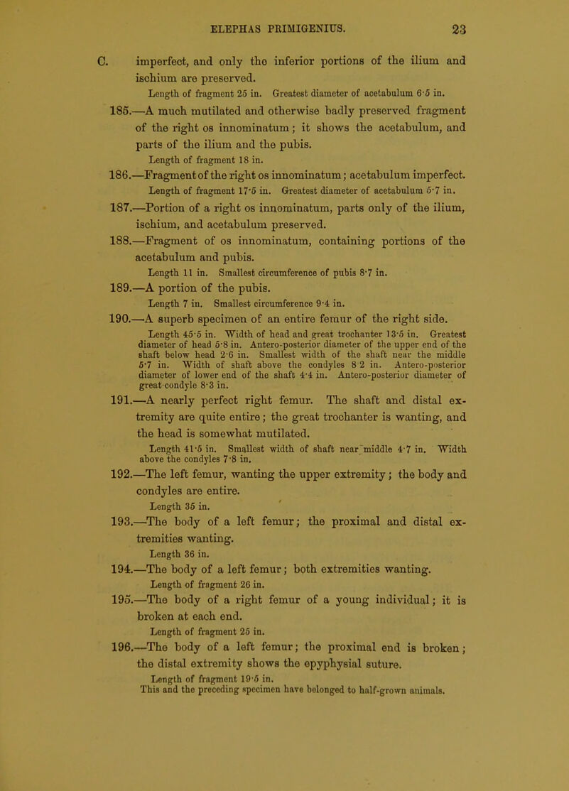 0. imperfect, and only tho inferior portions of the ilium and ischium are preserved. Lengtli of fragment 25 in. Greatest diameter of acetabulum 6-5 in. 185. —A much mutilated and otherwise badly preserved fragment of the right os innominatum; it shows the acetabulum, and parts of the ilium and the pubis. Length of fragment 18 in. 186. —Fragment of the right os innominatum; acetabulum imperfect. Length of fragment 17'5 in. Greatest diameter of acetabulum 6-7 in. 187. —Portion of a right os innominatum, parts only of the ilium, ischium, and acetabulum preserved. 188. —Fragment of os innominatum, containing portions of the acetabulum and pubis. Length 11 in. Smallest circumference of pubis 8'7 in. 189. —A portion of the pubis. Length 7 in. Smallest circumference 9-4 in. 190. —'A superb specimen of an entire femur of the right side. Length 45'5 in. Width of head and great trochanter 13'5 in. Greatest diameter of head 5'8 in. Antero-posterior diameter of the upper end of the shaft below head 2-6 in. Smallest width of the shaft near the middle 5'7 in. Width of shaft above the condyles 8 2 in. Antero-posterior diameter of lower end of the shaft 4*4 in. Antero-posterior diameter of great condyle 8-3 in. 191. —A nearly perfect right femur. The shaft and distal ex- tremity are quite entire; the great trochanter is wanting, and the head is somewhat mutilated. Length 41-5 in. Smallest width of shaft near middle 4'7 in. Width above the condyles 7 8 in, 192. —The left femur, wanting the upper extremity; the body and condyles are entire. Length 36 in. 193. —The body of a left femur; the proximal and distal ex- tremities wanting. Length 36 in. 194. —The body of a left femur; both extremities wanting. Length of fragment 26 in. 195. —The body of a right femur of a young individual; it is broken at each end. Length of fragment 26 in. 196. —The body of a left femur; the proximal end is broken; the distal extremity shows the epyphysial suture. Length of fragment 19'6 in. This and the preceding specimen have belonged to half-grown animals.