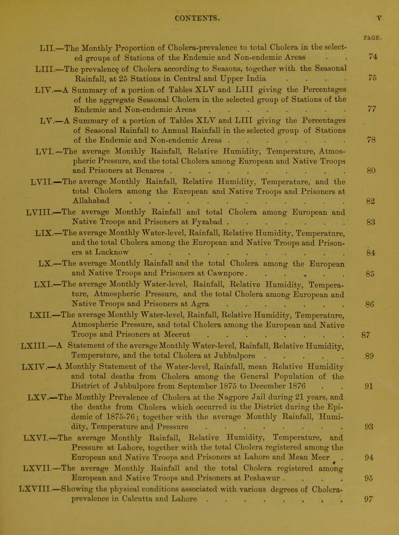 LII.—The Monthly Proportion of Cholera-pi’evalence to total Cholera in the select- ed groups of Stations of the Endemic and Non-endemic Areas LIII.—The prevalence of Cholera according to Seasons, together with the Seasonal Rainfall, at 25 Stations in Central and Upper India . LIY.—A Summary of a portion of Tables XLY and LIII giving the Percentages of the aggregate Seasonal Cholera in the selected group of Stations of the Endemic and Non-endemic Areas ........ LV.—A Summary of a portion of Tables XLY and LIII giving the Percentages of Seasonal Rainfall to Annual Rainfall in the selected group of Stations of the Endemic and Non-endemic Areas ....... LYI.—The average Monthly Rainfall, Relative Humidity, Temperature, Atmos- pheric Pressure, and the total Cholera among European and Native Troops and Prisoners at Benares .......... LYII.—-The average Monthly Rainfall, Relative Humidity, Temperature, and the total Cholera among the European and Native Troops and Prisoners at Allahabad ............ LYIII.—The average Monthly Rainfall and total Cholera among European and Native Troops and Prisoners at Fyzabad ....... LIX.—The average Monthly Water-level, Rainfall, Relative Humidity, Temperature, and the total Cholera among the European and Native Troops and Prison- ers at Lucknow ........... LX.—The average Monthly Rainfall and the total Cholera among the European and Native Troops and Prisoners at Cawnpore. , LXI.—The average Monthly Water-level, Rainfall, Relative Humidity, Tempera- ture, Atmospheric Pressure, and the total Cholera among European and Native Troops and Prisoners at Agra ....... LXII.—The average Monthly Water-level, Rainfall, Relative Humidity, Temperature, Atmospheric Pressure, and total Cholera among the European and Native Troops and Prisoners at Meerut ........ LXIII.—A Statement of the average Monthly Water-level, Rainfall, Relative Humidity, Temperature, and the total Cholera at Jubbulpore LXIY.—A Monthly Statement of the Water-level, Rainfall, mean Relative Humidity and total deaths from Cholera among the General Population of the District of Jubbulpore from September 1875 to December 1876 LX Y.—The Monthly Prevalence of Cholera at the Nagpore Jail during 21 years, and the deaths from Cholera which occurred in the District during the Epi- demic of 1875-76; together with the average Monthly Rainfall, Humi- dity, Temperature and Pressure ........ LXVI.—The average Monthly Rainfall, Relative Humidity, Temperature, and Pressure at Lahore, together with the total Cholera registered among the European and Native Troops and Prisoners at Lahore and Mean Meer LXVII.—The average Monthly Rainfall and the total Cholera registered among European and Native Troops and Prisoners at Peshawur .... LXVIII.—Showing the physical conditions associated with various degrees of Cholera- prevalence in Calcutta and Lahore ........ PAGE. 74 75 77 78 80 82 83 84 85 86 87 89 91 93 94 95 97