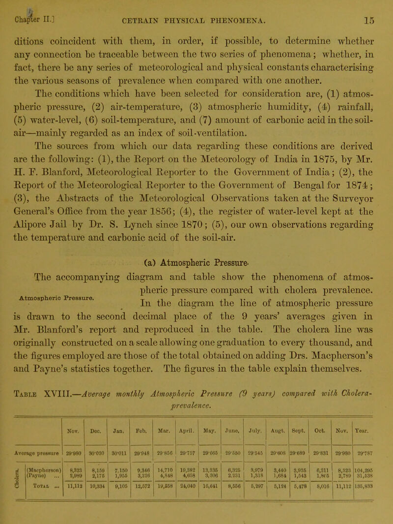 ditions coincident with them, in order, if possible, to determine whether any connection be traceable between the two series of phenomena; whether, in fact, there be any series of meteorological and physical constants characterising the various seasons of prevalence when compared with one another. The conditions which have been selected for consideration are, (1) atmos- pheric pressure, (2) air-temperature, (3) atmospheric humidity, (4) rainfall, (5) water-level, (6) soil-temperature, and (7) amount of carbonic acid in the soil- air—mainly regarded as an index of soil-ventilation. The sources from which our data regarding these conditions are derived are the following: (l),the Report on the Meteorology of India in 1875, by Mr. H. P. Blanford, Meteorological Reporter to the Government of India; (2), the Report of the Meteorological Reporter to the Government of Bengal for 1874 ; (3), the Abstracts of the Meteorological Observations taken at the Surveyor General’s Office from the year 1856; (4), the register of water-level kept at the Alipore Jail by Dr. S. Lynch since 1870; (5), our own observations regarding the temperature and carbonic acid of the soil-air. (a) Atmospheric Pressure- The accompanying diagram and table show the phenomena of atmos- pheric pressure compared with cholera prevalence. Atmospheric Pressure. T ,, ,. ,, , . . In the diagram the hue ol atmospheric pressure is drawn to the second decimal place of the 9 years’ averages given in Mr. Blanford’s report and reproduced in the table. The cholera line was originally constructed on a scale allowing one graduation to every thousand, and the figures employed are those of the total obtained on adding Drs. Macpherson’s and Payne’s statistics together. The figures in the table explain themselves. Table XYIII.—Average monthly Atmospheric Pressure {9 years) compared with Cholera prevalence. Nov. Doc. Jan, Feb. Mar. April. May. Juno, July. Augfc. Sept. Oct Nov. Tear. Average pressure 29-980 30'030 30-011 29948 29-856 29-757 29-065 29560 29-545 29-608 29-689 29-831 29-980 29‘7S7 i (Macphcrson) (Payne) 8,323 2,989 8,159 2,176 7,150 1,956 9,346 3,226 14,710 4,848 19,382 4,658 13,335 3,306 6,325 2,231 3,979 1,318 3,440 1,684 3,936 1,543 6,211 1,806 8,323 2,789 104,296 31,538 X3 o Total ... 11,112 10,334 9,105 12,672 19,558 24,040 16,641 8,556 6,297 5,124 6,478 8,016 11,112 135,833