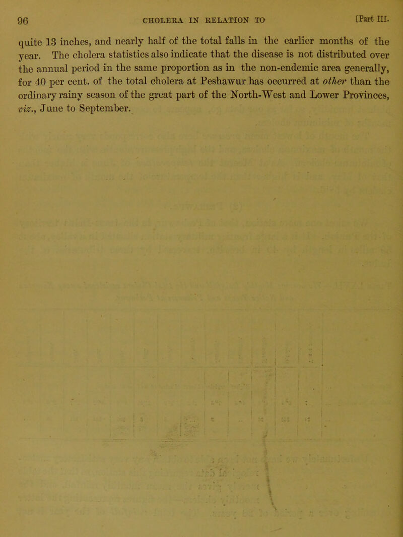 quite 13 inches, and nearly half of the total falls in the earlier months of the year. The cholera statistics also indicate that the disease is not distributed over the annual period in the same proportion as in the non-endemic area generally, for 40 per cent, of the total cholera at Peshawur has occurred at other than the ordinary rainy season of the great part of the North-West and Lower Provinces, viz., June to September.