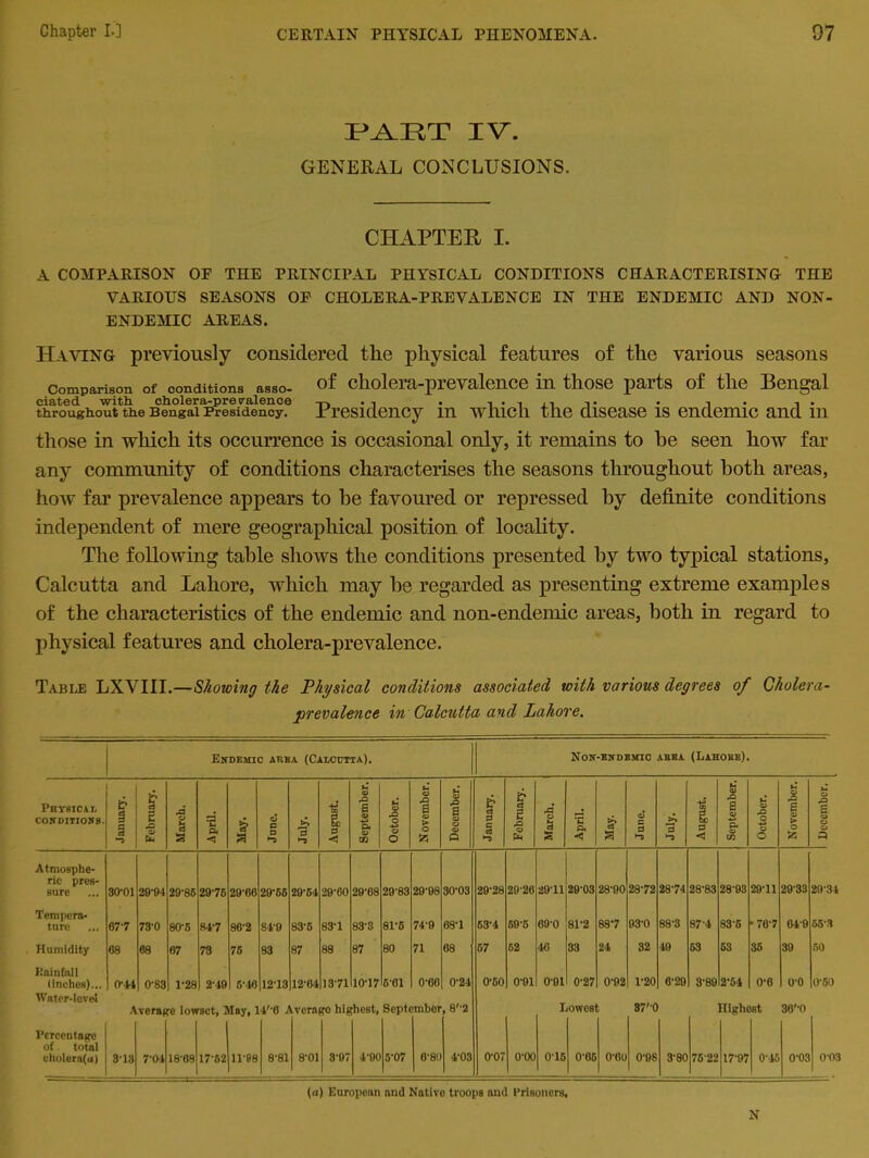 PART IV. GENERAL CONCLUSIONS. CHAPTER I. A COMPARISON OF THE PRINCIPAL PHYSICAL CONDITIONS CHARACTERISING THE VARIOUS SEASONS OF CHOLERA-PREVALENCE IN THE ENDEMIC AND NON- ENDEMIC AREAS. Having previously considered the physical features of the various seasons Comparison of conditions asso- of cholera-prevalence in those parts of the Bengal dated with cHolera“pre valence -r-v • -i • *1 • • i • 1 • throughout the Bengal Presidency. .Presidency 111 which 1116 CllS6clS6 IS 6nCl6IHlC aild 111 those in which its occurrence is occasional only, it remains to be seen how far any community of conditions characterises the seasons throughout both areas, how far prevalence appears to be favoured or repressed by definite conditions independent of mere geographical position of locality. The following table shows the conditions presented by two typical stations, Calcutta and Lahore, which may be regarded as presenting extreme examples of the characteristics of the endemic and non-endemic areas, both in regard to physical features and cholera-prevalence. Table LXVIII.—Showing the Physical conditions associated with various degrees of Cholera- prevalence in Calcutta and Lahore. Endemic area (Calcutta). Non-endemic area (Lahore). Physical conditions. January. February. March. April. & S3 June. July. August. September. October. November. December. January. February. March. April. May. June. July. August. September. October. November. 1 December. Atmosphe- ric pres- sure 30-01 29-94 29-86 29-76 29-00 29-66 29-64 29-60 29-68 29-83 29-98 30-03 29-28 29-26 29-11 29-03 28-90 28-72 28-74 28-83 28-93 29-11 29-33 29-31 Tempera- tore 67-7 73-0 80-6 8-1-7 80-2 84-9 83-6 83-1 83-3 81-6 74-0 68-1 63-4 69-5 ca-o 81-2 88-7 93-0 88-3 87-4 83-6 •70-7 0-1-9 55-3 Humidity 68 68 07 73 76 83 87 88 87 80 71 08 67 62 40 33 24 32 49 63 63 36 39 60 Painfull linches)... 0-44 0-83 1-28 2-19 6-10 12-13 12-04 1371 10-17 6-01 o-oo 0-24 0-60 o-oi 091 0-27 0-92 1-20 6-29 3-89 2-54 0-6 o-o 0-60 Water-level Percentage of total eholera(a) Average lowact. May, 14,-6 Average highest, September, 8'-2 3-13 7'01 18-08 17-62 11-08 8-81 8-01 3-07 4-90 5-07 0-89 4-03 Lowest 37'0 Highest 36'-0 0-07 o-oo 0-16 0-05 o-ou 0-98 3-80 7622 17-97 0-45 0-03 003 (a) European and Native troops and Prisoners,