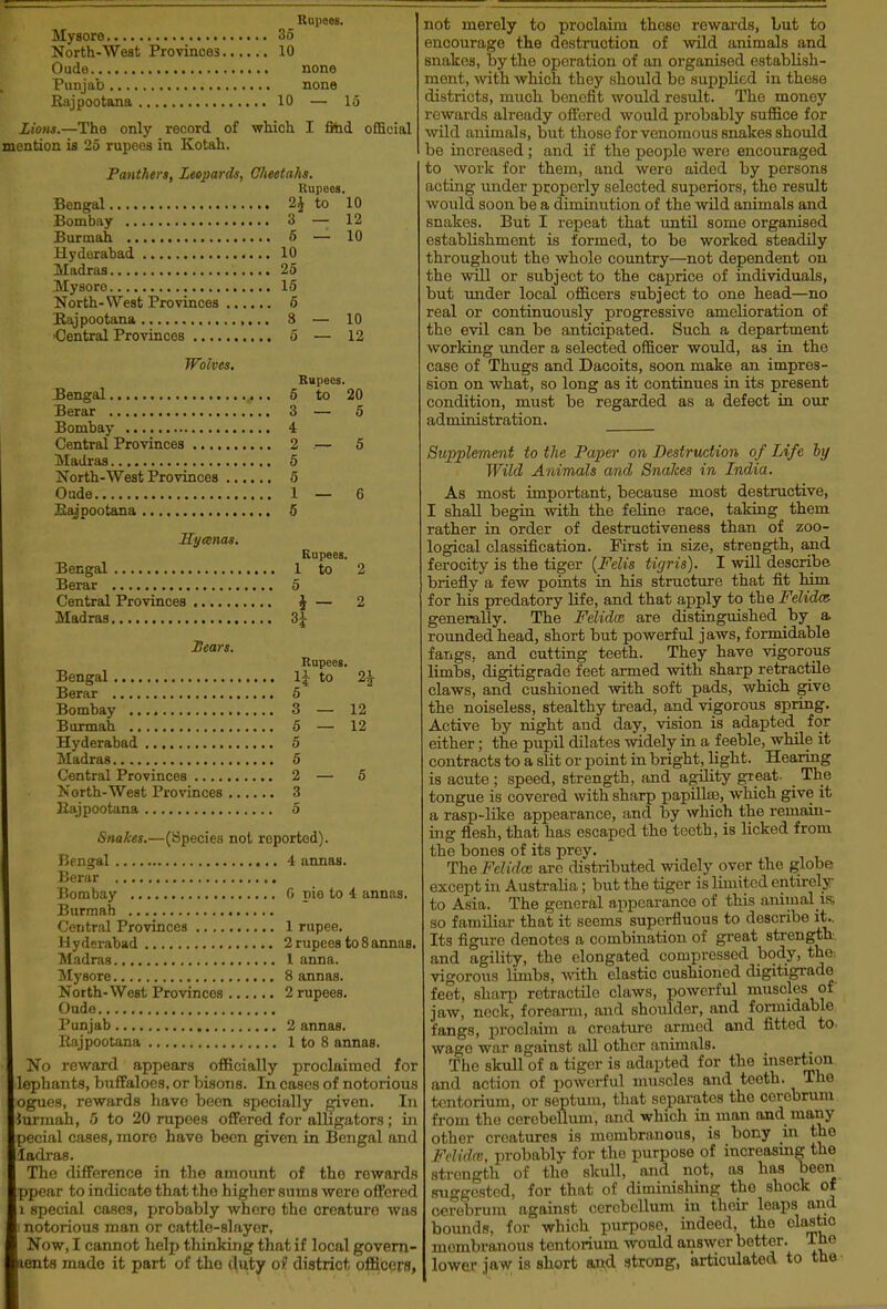 Rnpees. Mysore 3d North-West Provinces 10 Oude none Punjab none Rajpootana 10 — 15 Lio)is.—The only record of which I fihd olBcial mention is 25 rupees in Kotah. Panthers, Leopards, Cheetahs. Rupees. 10 3 — 12 5 — 10 10 , 25 15 . 5 8 — 10 12 Wolves, Rupees. 6 to 20 5 bengal Berar 3 Bombay 4 Central Provinces 2 .— 5 IVIadras 5 North-West Provinces 5 Oade 1—6 Baj'pootana 5 Hycenas, Rupees. Bengal 1 to 2 Berar 5 Central Provinces i — 2 Madras 3^ Bears. Bengal \\ Berar 5 Bombay 3 Burmah 5 Hyderabad 5 Madras 5 Central Provinces 2 North-West Provinces 3 Eajpootana 5 Rupees, to 2i 12 12 — 5 Snakes.—(Species not reported). Bengal 4 unnas. Berar Bombay G pie to 4 annas. Burmah Central Provinces 1 rupee. Hydei-abad 2 rupees to 8 annas Madras 1 anna. IMysore 8 annas. North-West Provinces 2 rupees. Oude Punjab 2 annas. Eajpootana 1 to 8 annas. No reward appears officially proclaimed for lephants, buffaloes, or bisons. In cases of notorious ogues, rewards have been specially given. In kirmah, 5 to 20 rupees offered for alligators; in [locial cases, more have been given in Bengal and ladras. The difference in the amount of the rewards ppear to indicate that the higher sums were offered 1 special cases, probably where the creature was 1 notorious man or cattle-slayor, I Now, I cannot help thinking that if local govern- not merely to proclaim these rewards, but to encourage the destruction of wild animals and snakes, by the operation of an organised establish- ment, with which they should be supplied in these districts, much benefit would result. The money rewards already ofiered would probably suffice for wild animals, but those for venomous snakes should be increased; and if the people were encouraged to work for them, and were aided by persons acting under properly selected superiors, the result would soon be a diminution of the wild animals and snakes. But I repeat that until some organised establishment is formed, to be worked steadily throughout the whole country—not dependent on the will or subject to the caprice of individuals, but imder local officers subject to one head—no real or continuously progressive amehoration of the evil can be anticipated. Such a department working xmder a selected officer would, as in the case of Thugs and Dacoits, soon make an impres- sion on what, so long as it continues in its present condition, must be regarded as a defect in our administration. Supplement to the Paper on Destruction of Life hy Wild Animals and Snakes in India. As most important, because most destructive, I shall begin with the feline race, taking them rather in order of destructiveness than of zoo- logical classification. First in size, strength, ajid ferocity is the tiger {Felis tigris). I will describe briefly a few points in his structure that fit him for his predatory life, and that apply to the Felidcs- generally. The Felidce are distinguished by a rounded head, short but powerful jaws, formidable fangs, and cutting teeth. They have vigorous limbs, digitigrade feet armed with sharp retractile claws, and cushioned with soft pads, which give the noiseless, stealthy tread, and vigorous spring. Active by night and day, vision is adapted for either; the pupil dilates widely in a feeble, while it contracts to a slit or point in bright, light. Hearing is acute ; speed, strength, and agility great- The tongue is covered with sharp papUlfe, which give it a rasp-like appearance, and by which the remain- ing flesh, that has escaped the teeth, is licked from the bones of its prey. The Felidoi are distributed Avidely over the globe except in Austraha; but the tiger is luuited entirely to Asia. The general appearance of this animal is; so familiar that it seems superfluous to describe it.. Its figure denotes a combination of gi-eat strength, and agility, the elongated compressed body, the-, vigorous limbs, with, elastic cushioned digitigrade feet, sharp retractile claws, powerful muscles of jaw, nock, forearm, and shoulder, and foi-midable fangs, proclaim a creature armed and fitted to. wage war against aU other animals. The skull of a tiger is adapted for the insertion and action of powerful muscles and teeth. The tentorium, or septum, that separates the cerebrum from the cerebellum, and which in man and many other creatures is membranous, is bony m the Felidce, probably for the purpose of increasmg the strength of the skull, and not, as has been suggested, for that of diminishing the shock of cerebrum against cerebellum in their leaps and bounds, for which purpose, indeed, the clastic membranous tentorium would answer better. The lower jaw is short an.d .'jtrong, articulated to the
