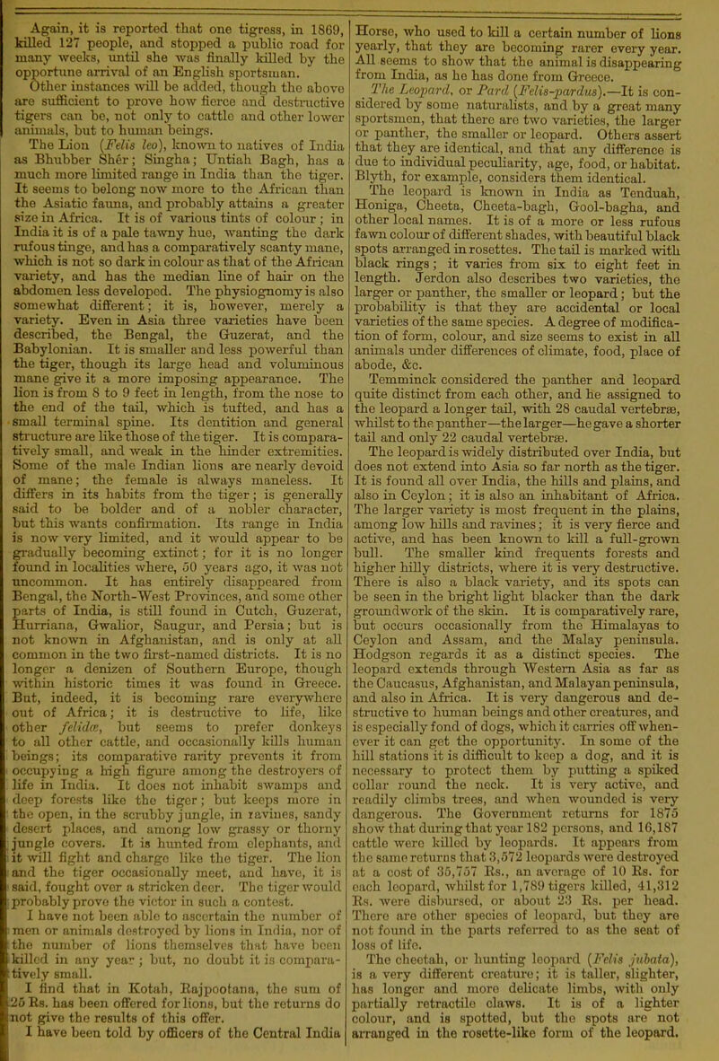 Again, it is reported tliat one tigress, in 1869, killed 127 people, luid stopped a public road for many weeks, until she was finally killed by the opportune arrival of an English sportsman. Other instances Avill be added, though the above are sufficient to prove how fierce and dcsti-uctive tigers can bo, not only to cattle and other lower animals, but to hiiman beings. The Lion {Felia leo), kno\vn to natives of India as Bhiibber Sher; Singha; Untiah Bagh, has a much more limited range in India than the tiger. It seems to belong now more to the African than the Asiatic faima, and probably attains a greater size in Africa. It is of various tints of colour ; in India it is of a pale ta\vny hue, wanting the dark rufous tinge, and has a comparatively scanty mane, which is not so dark in colour as that of the African variety, and has the median line of haii- on the abdomen less developed. The physiognomy is also somewhat difi'erent; it is, however, merely a variety. Even in Asia three varieties have been described, the Bengal, the Guzerat, and the Babylonian. It is smaller and less powerful than the tiger, though its large head and voluminous mane give it a more imposing appearance. The lion is from 8 to 9 feet in length, from the nose to the end of the tail, which is tufted, and has a small terminal spine. Its dentition and general sti-ucture are like those of the tiger. It is compara- tively small, and weak in the liinder extremities. Some of the male Indian lions are nearly devoid of mane; the female is always maneless. It differs in its habits from the tiger; is generally said to be bolder and of a nobler character, but this wants confii-mation. Its range in India is now very limited, and it would appear to be gi'adually becoming extinct; for it is no longer found in localities where, 50 years ago, it was not uncommon. It has entirely disappeared from Bengal, the North-West Provinces, and some other parts of India, is still found in Clutch, Guzerat, Hurriana, Gwalior, Saugur, and Persia; but is not known in Afghanistan, and is only at aU common in the two first-named districts. It is no longer a denizen of Southern Europe, though ^vithin historic times it was found in Greece. But, indeed, it is becoming rare everywhere out of Africa; it is destructive to life, like other felidm, but seems to prefer donkeys to all other cattle, and occasionally kills human beings; its comparative rarity prevents it from occupying a high figure among the destroyers of life in India. It docs not inhabit swamps and deep forests like the tiger; but keeps more in the open, in the scrubby jungle, in laviues, sandy desert places, and among low grassy or thorny jungle covers. It is hunted from elephants, and it will fight and charge like the tiger. The lion and the tiger occasionally meet, and have, it is said, fought over a stricken deer. The tiger would probably prove the victor in such a contest. 1 have not been able to ascertain the number of men or animals destroyed by lions in India, nor of the number of lions themselves that have boon killed in any year; but, no doubt it is compara- tively small. I find that in Kotah, Rajpootana, the sum of :25 Rs. has been offered for lions, but the returns do not give the results of this offer. I have been told by officers of the Central India Horse, who used to kill a certain number of Uons yearly, that they are becoming rarer every year. All seems to show that the animal is disappearing from India, as he has done from Greece. _ The Leopard, or Pard {Felis-jpardus).—It is con- sidered by some naturalists, and by a great many sportsmen, that there arc two varieties, the larger or panther, the smaller or leopard. Others assert that they are identical, and that any difference is due to individual peculiarity, age, food, or habitat. Blyth, for examjole, considers them identical. The leopard is Imown m India as Tenduah, Honiga, Cheeta, Cheeta-bagh, Gool-bagha, and other local names. It is of a more or less rufous fawn colour of different shades, with beautiful black spots arranged in rosettes. The tail is marked with black rings; it varies from six to eight feet in length. Jerdon also describes two varieties, the larger or panther, the smaller or leopard; but the probability is that they are accidental or local varieties of the same species. A degree of modifica- tion of form, colour, and size seems to exist in all animals under differences of climate, food, place of abode, &c. Temminck considered the panther and leopard quite distinct from each other, and he assigned to the leopard a longer tail, with 28 caudal vertebrae, whilst to the panther—the larger—he gave a shorter tail and only 22 caudal vertebrae. The leopard is widely distributed over India, but does not extend into Asia so far north as the tiger. It is found all over India, the hills and plains, and also in Ceylon; it is also an inhabitant of Africa. The larger variety is most frequent in the plains, among low hills and ravines; it is very fierce and active, and has been kno^vvn to kill a full-grown bull. The smaller kind frequents forests and higher hilly districts, where it is very destructive. There is also a black variety, and its spots can be seen in the bright light blacker than the dark groundwork of the skin. It is comparatively rare, but occurs occasionally from the Himalayas to Ceylon and Assam, and the Malay peninsula. Hodgson regards it as a distinct species. The leopard extends through Western Asia as far as the Caucasus, Afghanistan, and Malayan peninsula, and also in Africa. It is very dangerous and de- structive to human beings and other creatures, and is especially fond of dogs, which it carries off when- ever it can get the opportunity. In some of the hill stations it is difficult to keep a dog, and it is necessary to protect them by putting a spilced collar round the neck. It is very active, and readily climbs trees, and when wounded is very- dangerous. The Government returns for 1875 show that during that year 182 persons, and 16,187 cattle were killed by leopards. It appears from the same returns that 3,572 leopards were destroyed at a cost of 35,757 Es., an average of 10 Rs. for each leopard, whilst for 1,789 tigers killed, 41,312 Rs. were disbursed, or about 23 Es. per head. There are other species of leopard, but they are not found in the parts refeiTed to as the seat of loss of life. The cheetah, or hunting leopard {Fch's Juiata), is a very different creature; it is taller, slighter, has longer and more delicate limbs, with only partially retractile claws. It is of a lighter colour, and is spotted, but the spots are not arranged in the rosette-like form of the leopard.