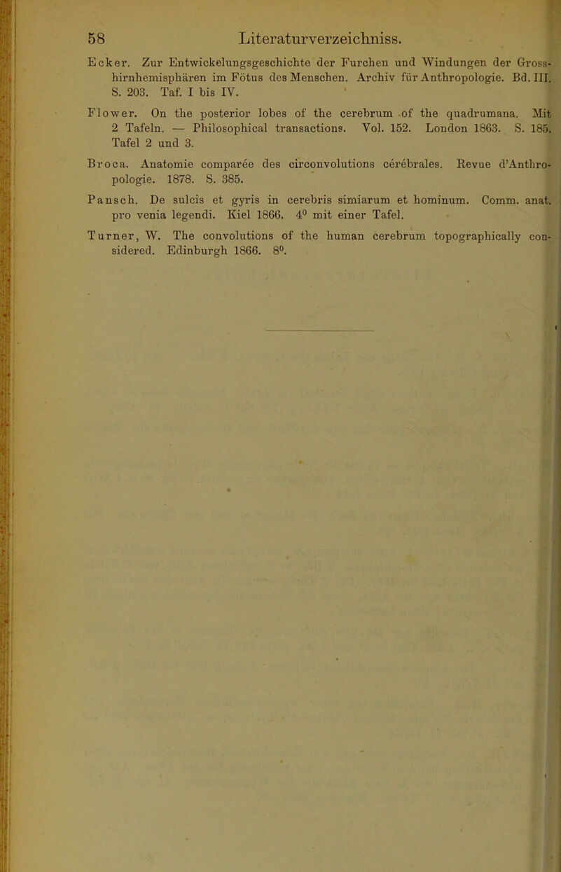 Ecker. Znv Entwickelungsgeschichte der Furchen und Windungen der Gross- hirnhemisphären im Fötus des Menschen. Archiv für Anthropologie. Bd. III. S. 203. Taf. I bis IV. Flow er. On the posterior lobes of the cerebrum of the quadrumana. Mit 2 Tafeln. — Philosophical transactions. Vol. 152. London 1863. S. 185. Tafel 2 und 3. Broca. Anatomie comparee des circonvolutions cerebrales. Revue d'Anthro- pologie. 1878. S. 385. Pansch. De sulcis et gyris in cerebris simiarum et hominum. Comm. anat. pro venia legendi. Kiel 1866. 4P mit einer Tafel. Turner, W. The convolutions of the human cerebrum topographically con- sidered. Edinburgh 1866. 8».