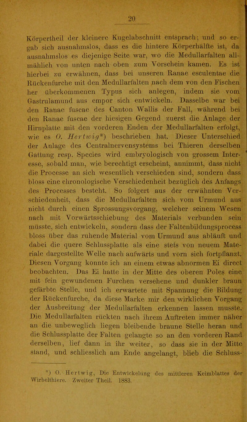 KÖrpertheil der kleinere Kugelabschnitt entsprach; und so er- gab sich ausnahmslos, dass es die hintere Körperhälfte ist, da ausnahmslos es diejenige Seite war, wo die Medullarfalten all- mählich von unten nach oben zum Vorschein kamen. Es ist hierbei zu erwähnen, dass bei unseren Ranae esculentae die Rückenfurche mit den Medullarfalten nach dem von den Fischen her überkommenen Typus sich anlegen, indem sie vom Gastrulamund aus empor sich entwickeln. Dasselbe war bei den Ranae fuscae des Canton Wallis der Fall, während bei den Ranae fuscae der hiesigen Gegend zuerst die Anlage der Hirnplatte mit den vorderen Enden der Medullarfalten erfolgt, wie es 0. Hertioig*') beschrieben hat. Dieser Unterschied der Anlage des Centrainervensystems bei Thieren derselben Gattung resp. Speeles wird embryologisch von grossem Inter- esse, sobald man, wie berechtigt erscheint, annimmt, dass nicht die Processe an sich wesentlich verschieden sind, sondern dass bloss eine chronologische Verschiedenheit bezüglich des Anfangs des Processes besteht. So folgert aus der erwähnten Ver- schiedenheit, dass die Medullarfalten sich vom Urmund aus nicht durch einen Sprossungsvorgang, welcher seinem Wesen nach mit Vorwärtsschiebung des Materials verbunden sein müsste, sich entwickeln, sondern dass der Faltenbildungsprocess bloss über das ruhende Material vom Urmund aus abläuft und dabei die quere Schlussplatte als eine stets von neuem Mate- riale dargestellte Welle nach aufwärts und vorn sich fortpflanzt. Diesen Vorgang konnte ich an einem etwas abnormen Ei direct beobachten. Das Ei hatte in der Mitte des oberen Poles eine mit fein gewundenen Furchen versehene und dunkler braun gefärbte Stelle, und ich erwartete mit Spannung die Bildung der Rückenfurche, da diese Marke mir den wirklichen Vorgang der Ausbreitung der Medullarfalten erkennen lassen musste. Die Medullarfalten rückten nach ihrem Auftreten immer näher an die unbeweglich liegen bleibende braune Stelle heran und die Schlussplatte der Falten gelangte so an den vorderen Rand derselben, lief dann in ihr weiter, so dass sie in der Mitte stand, und schliesslich am Ende angelangt, blieb die Schluss- 0. Hertwig, Die Entwickelung des mittleren Keimblattes der Wirbelthiere. Zweiter Theil. 1883.