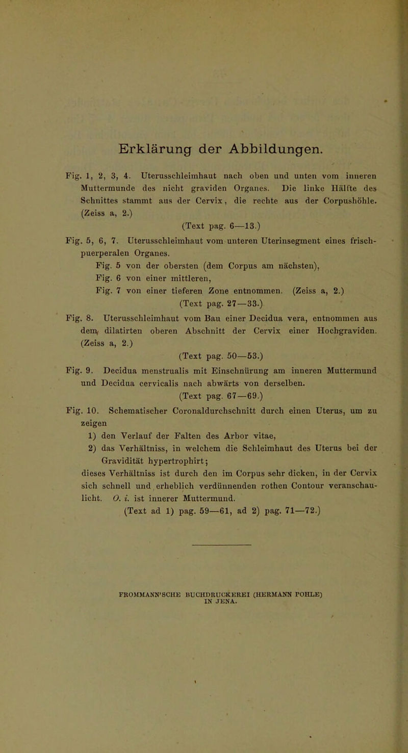 Erklärung der Abbildungen. Fig. 1, 2, 3, 4. Uterusschleimhaut nach oben und unten vom inneren Muttermunde des nicht graviden Organes. Die linke Hälfte des Schnittes stammt aus der Cervix, die rechte aus der Corpushöhle. (Zeiss a, 2.) (Text pag. 6—13.) Fig. 5, 6, 7. Uterusschleimhaut vom unteren Uterinsegment eines frisch- puerperalen Organes. Fig. 5 von der obersten (dem Corpus am nächsten), Fig. 6 von einer mittleren, Fig. 7 von einer tieferen Zone entnommen. (Zeiss a, 2.) (Text pag. 27—33.) Fig. 8. Uterusschleimhaut vom Bau einer Decidua vera, entnommen aus dem^ dilatirten oberen Abschnitt der Cervix einer Hochgraviden. (Zeiss a, 2.) (Text pag. 50—53.) Fig. 9. Decidua menstrualis mit Einschnürung am inneren Muttermund und Decidua cervicalis nach abwärts von derselben. (Text pag. 67—69.) Fig. 10. Schematischer Coronaldurchschnitt durch einen Uterus, um zu zeigen 1) den Verlauf der Falten des Arbor vitae, 2) das Verhältniss, in welchem die Schleimhaut des Uterus bei der Gravidität hypertrophirt; dieses Verhältniss ist durch den im Corpus sehr dicken, in der Cervix sich schnell und, erheblich verdünnenden rothen Contour veranschau- licht. 0. i. ist innerer Muttermund. (Text ad 1) pag. Ö9—61, ad 2) pag. 71—72.) FROMMANN'SCHE BUCHDRUCKEREI (HERMANN POHLE) IN JENA.