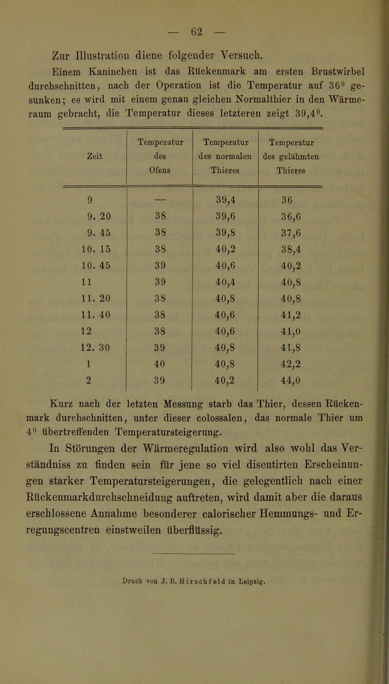 Zur Illustration diene folgender Versuch. Einem Kaninchen ist das Rückenmark am ersten Brustwirbel durchschnitten, nach der Operation ist die Temperatur auf 36 ge- sunken; es wird mit einem genau gleichen Normalthier in den Wärme- raum gebracht, die Temperatur dieses letzteren zeigt 39,40. Temperatur Temperatur Temperatur Zeit des des normalen des gelähmten Ofens Thieres Thieres 9 39,4 36 9. 20 38 39,6 36,6 9. 45 38 39,8 37,6 10. 15 38 40,2 38,4 0 V 40 9 11 39 40,4 40,8 11. 20 38 40,8 40,8 11. 40 38 40,6 41,2 12 38 40,6 41,0 12. 30 39 40,8 41,8 1 40 40,8 42,2 2 39 40,2 44,0 Kurz nach der letzten Messung starb das Thier, dessen Rücken- mark durchschnitten, unter dieser colossalen, das normale Thier um 40 übertreffenden Temperatursteigerung. In Störungen der Wärmeregulation wird also wohl das Ver- ständniss zu finden sein für jene so viel discutirteu Erscheinun- gen starker Temperatursteigerungen, die gelegentlich nach einer Rückenmarkdurchschneidung auftreten, wird damit aber die daraus erschlossene Annahme besonderer calorischer Hemmungs- und Er- regungscentren einstweilen überflüssig. Druck Ton J. B. Hirscbfeldin Leipzig.