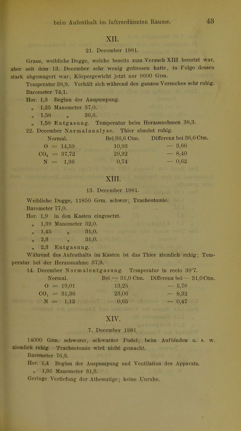 XII. 21. December 1881. Graue, weibliche Dogge, welche bereits zum Versuch XIII benutzt war, aber seit dem 13. December sehr wenig gefressen hatte, in Folge dessen stark abgemagert war; Körpergewicht jetzt nur 9600 Grm. Temperatur 38,9. Verhält sich während des ganzen Versuches sehr ruhig. Barometer 74,1. Hör. 1,3 Beginn der Auspumpung. „ 1,25 Manometer 37,0. „ 1,58 „ 36,6. „ 1,58 Entgasung. Temperatur beim Herausnehmen 38,3. 22. December Normalanalyse. Thier absolut ruhig. Noi-maL Bei 36,6 Gtm. Differenz bei 36,6 Ctm. O = 14,59 10,93 — 3,66 C0.2 = 37,72 29,32 — 8,40 N = 1,36 0,74 — 0,62 xni. 13. December 1881. Weibliche Dogge, 11850 Grm. schwer; Tracheotomie. Barometer 77,0. Hör. 1,9 in den Kasten eingesetzt. „ 1,39 Manometer 32,0. „ 1,45 „ 31,0. „ 2,8 „ 31,0. „ 2,3 Entgasung. Während des Aufenthalts im Kasten ist das Thier ziemlich ruhig; Tem- peratur bei der Herausnahme 37,9. 14. December Normalentgasung. Temperatur in recto 39'7. Normal. Bei — 31,0 Ctm. Diflferenz bei — 31,0 Ctm. 0 = 19,01 13,25 — 5,76 CO, = 81,38 23,06 — 8,82 N = 1,12 0,65 — 0,47 XIV. 7. December 1881 14000 Grm. schwerer, schwarzer Pudel; beim Aufbinden u. s. w. ziemlich ruhig. Tracheotomie wird nicht gemacht. Barometer 76,3. Hör. 1,4 Beginn der Auspumpnng und Ventilation des Apparats. „ 1,36 Manometer 31,3. Geringe Vertiefimg der Athemziigc; keine Unruhe.