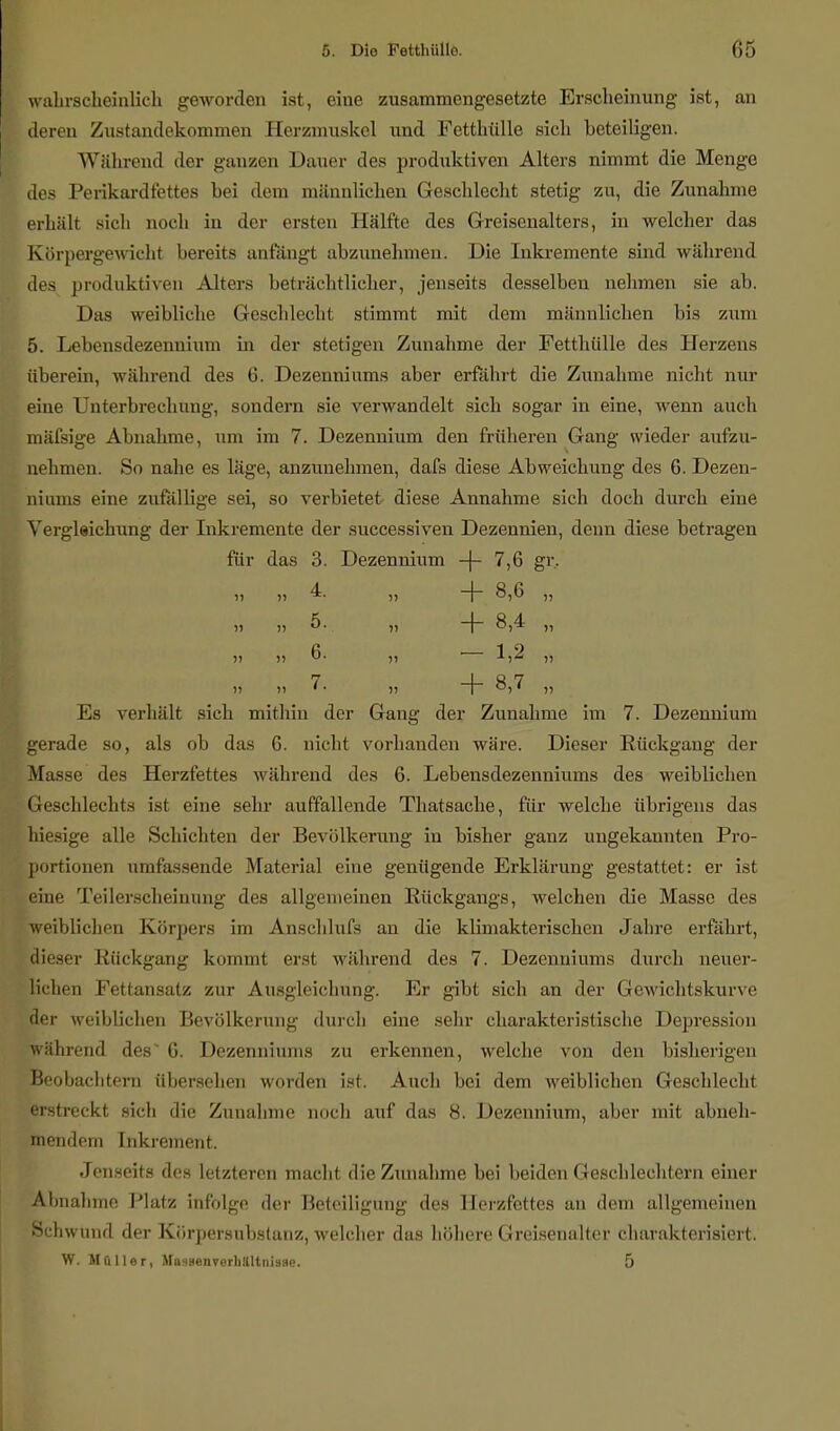wahrscheinlich geworden ist, eine zusammengesetzte Erscheinung ist, an deren Zustandekommen Eerzmuskel und Fetthülle sich beteiligen. Während der ganzen Dauer des produktiven Alters nimmt die Menge des Perikardfettes bei dem männlichen Geschlecht stetig zu, die Zunahme erhält sich noch in der ersten Hälfte des Greiseualters, in welcher das Körpergewicht bereits anfängt abzunehmen. Die Inkremente sind während des produktiven Alters beträchtlicher, jenseits desselben nehmen sie ab. Das weibliche Geschlecht stimmt mit dem männlichen bis zum 5. Lebensdezennium in der stetigen Zunahme der Fetthülle des Herzens überein, während des 6. Dezenniums aber erfahrt die Zunahme nicht nur eine Unterbrechung, sondern sie verwandelt sich sogar in eine, wenn auch mäfsige Abnahme, um im 7. Dezennium den früheren Gang wieder aufzu- nehmen. So nahe es läge, anzunehmen, dafs diese Abweichung des 6. Dezen- niums eine zufällige sei, so verbietet diese Annahme sich doch durch eine Verglsichung der Inkremente der successiven Dezennien, denn diese betragen für das 3. Dezennium -{- 7,6 gr, 5i ii 4» ii ~\r 8,6 „ ii H 5. „ -f 8,4 ,, ß , 10 ii ii «• ii ii ii ii 7. ii 8,7 ,, Es verhält sich mithin der Gang der Zunahme im 7. Dezennium gerade so, als ob das G. nicht vorhanden wäre. Dieser Rückgang der Masse des Herzfettes während des 6. Lebensdezenniums des weiblichen Geschlechts ist eine sehr auffallende Thatsache, für welche übrigens das hiesige alle Schichten der Bevölkerung in bisher ganz ungekannten Pro- portionen umfassende Material eine genügende Erklärung gestattet: er ist eine Teilerscheinung des allgemeinen Rückgangs, welchen die Masse des weiblichen Körpers im Anschlufs an die kUmakterischen Jahre erfährt, dieser Rückgang kommt erst während des 7. Dezenniums durch neuer- lichen Fettansatz zur Ausgleichung. Er gibt sich an der Gewichtskurve der weiblichen Bevölkerung durch eine sehr charakteristische Depression wühlend des 6. Dezenniums zu erkennen, welche von den bisherigen Beobachtern übersehen worden ist. Auch bei dem weiblichen Geschlecht erstreck! eich die Zunahme noch auf das 8. Dezennium, aber mit abneh- mendem Inkrement. Jenseits des letzteren macht die Zunahme bei beiden Geschlechtern einer Abnahme Platz infolge der Beteiligung des Herzfettes an dem allgemeinen Schwund der Körpersubstanz, welcher das höhere Greisenalter charakterisiert. W. Maller, Massenverhllltnisae. 5