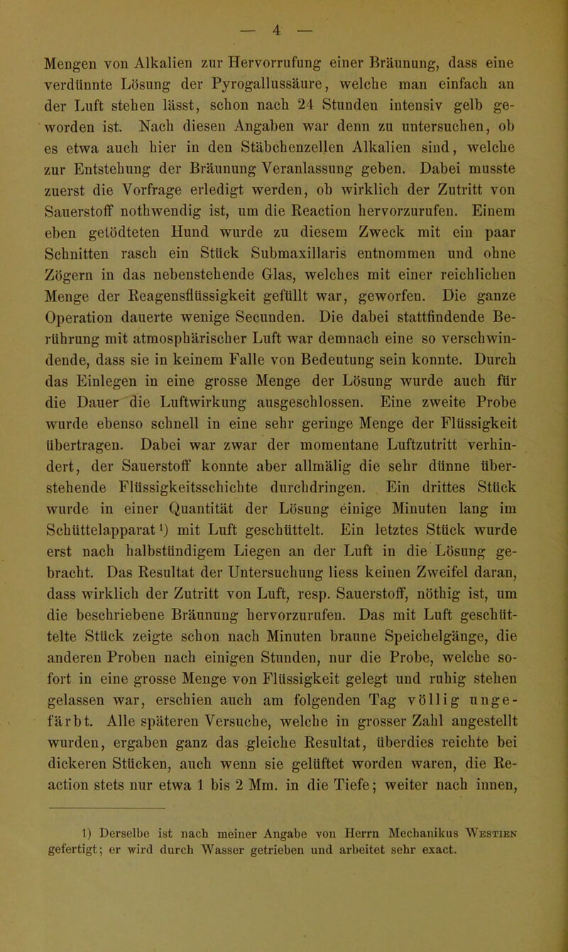 Mengen von Alkalien zur Hervorrufung einer Bräunung, dass eine verdünnte Lösung der Pyrogallussäure, welche man einfach an der Luft stehen lässt, schon nach 24 Stunden intensiv gelb ge- worden ist. Nach diesen Angaben war denn zu untersuchen, ob es etwa auch hier in den Stäbchenzellen Alkalien sind, welche zur Entstehung der Bräunung Veranlassung geben. Dabei musste zuerst die Vorfrage erledigt werden, ob wirklich der Zutritt von Sauerstoff nothwendig ist, um die Reaction hervorzurufen. Einem eben getödteten Hund wurde zu diesem Zweck mit ein paar Schnitten rasch ein Stück Submaxillaris entnommen und ohne Zögern in das nebenstehende Glas, welches mit einer reichlichen Menge der Reagensflüssigkeit gefüllt war, geworfen. Die ganze Operation dauerte wenige Secunden. Die dabei stattfindende Be- rührung mit atmosphärischer Luft war demnach eine so verschwin- dende, dass sie in keinem Falle von Bedeutung sein konnte. Durch das Einlegen in eine grosse Menge der Lösung wurde auch für die Dauer die Luftwirkung ausgeschlossen. Eine zweite Probe wurde ebenso schnell in eine sehr geringe Menge der Flüssigkeit übertragen. Dabei war zwar der momentane Luftzutritt verhin- dert, der Sauerstoff konnte aber allmälig die sehr dünne über- stehende Fltissigkeitsschichte durchdringen. Ein drittes Stück wurde in einer Quantität der Lösung einige Minuten lang im Schüttelapparatl) mit Luft geschüttelt. Ein letztes Stück wurde erst nach halbstündigem Liegen an der Luft in die Lösung ge- bracht. Das Resultat der Untersuchung Hess keinen Zweifel daran, dass wirklich der Zutritt von Luft, resp. Sauerstoff, nöthig ist, um die beschriebene Bräunung hervorzurufen. Das mit Luft geschüt- telte Stück zeigte schon nach Minuten braune Speichelgänge, die anderen Proben nach einigen Stunden, nur die Probe, welche so- fort in eine grosse Menge von Flüssigkeit gelegt und ruhig stehen gelassen war, erschien auch am folgenden Tag völlig unge- färbt. Alle späteren Versuche, welche in grosser Zahl angestellt wurden, ergaben ganz das gleiche Resultat, überdies reichte bei dickeren Stücken, auch wenn sie gelüftet worden waren, die Re- action stets nur etwa 1 bis 2 Mm. in die Tiefe; weiter nach innen, 1) Derselbe ist nach meiner Angabe von Herrn Mecbanikus Westien gefertigt; er wird durch Wasser getrieben und arbeitet sehr exact.