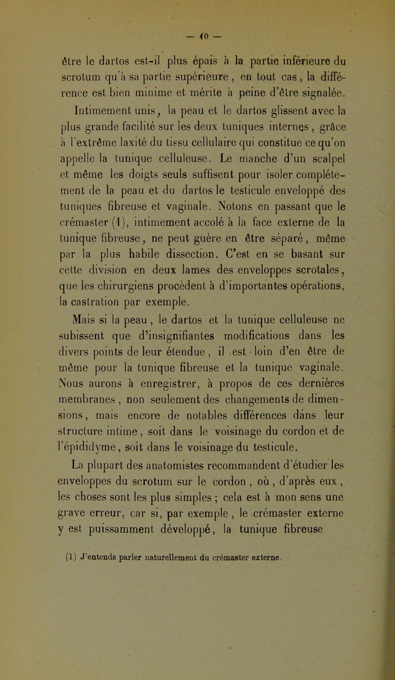 - 40 — être le dartos est-il plus épais à la partie inférieure du scrotum qu'à sa partie supérieure , en tout cas , la difTé- rence est bien minime et mérite à peine d'être signalée. Intimement unis^ la peau et le dartos glissent avec la plus grande facilité sur les deux tuniques internes , grâce a l'extrême laxité du tissu cellulaire qui constitue ce qu'on appelle la tunique celluleuse. Le manche d'un scalpel et même les doigts seuls suffisent pour isoler complète- ment de la peau et du dartos le testicule enveloppé des tuniques fibreuse et vaginale. Notons en passant que le crémaster ('I), intimement accolé h la face externe de la tunique fibreuse, ne peut guère en être séparé, même par la plus habile dissection. C'est en se basant sur cette division en deux lames des enveloppes scrotales, que les chirurgiens procèdent à d'importantes opérations, la castration par exemple. Mais si la peau , le dartos et la tunique celluleuse ne subissent que d'insignifiantes modifications dans les divers points de leur étendue, il est loin d'en être de même pour la tunique fibreuse et la tunique vaginale. Nous aurons ë enregistrer, h propos de ces dernières membranes, non seulement des changements de dimen- sions, mais encore de notables différences dans leur structure intime, soit dans le voisinage du cordon et de l'épididyme, soit dans le voisinage du testicule. La plupart des anatomistes recommandent d'étudier les enveloppes du scrotum sur le cordon , où , d'après eux , les choses sont les plus simples ; cela est a mon sens une grave erreur, car si, par exemple, le crémaster externe y est puissamment développé, la tunique fibreuse (1) J'entends parler naturellement du crémaster externe.