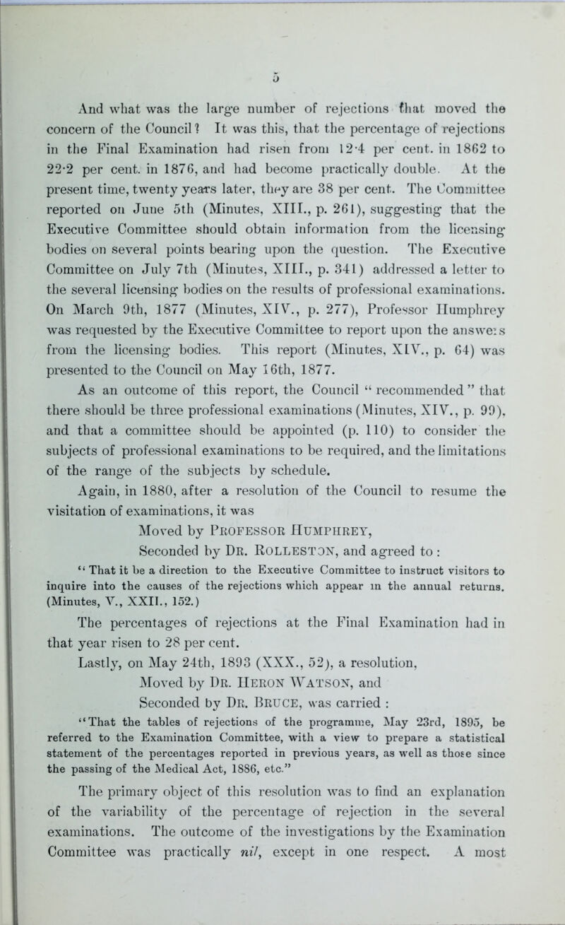 And what was the large number of rejections that moved the concern of the Council 1 It was this, that the percentage of rejections in the Final Examination had risen from 12*4 per cent, in 1862 to 22-2 per cent, in 1876, and had become practically double. At the present time, twenty years later, they are 38 per cent. The Committee reported on Juue 5th (Minutes, XIII., p. 261), suggesting that the Executive Committee should obtain information from the licensing* bodies on several points bearing upon the question. The Executive Committee on July 7th (Minutes, XIII., p. 341) addressed a letter to the several licensing bodies on the results of professional examinations. On March 9th, 1877 (Minutes, XIV., p. 277), Professor Humphrey was requested by the Executive Committee to report upon the answeis from the licensing bodies. This report (Minutes, XLV., p. 64) was presented to the Council on May 16th, 1877. As an outcome of this report, the Council “ recommended ” that there should be three professional examinations (Minutes, XIV., p. 99), and that a committee should be appointed (p. 110) to consider the subjects of professional examinations to be required, and the limitations of the range of the subjects by schedule. Again, in 1880, after a resolution of the Council to resume the visitation of examinations, it was Moved by Professor Humphrey, Seconded by Dr. Rolleston, and agreed to : “ That it be a direction to the Executive Committee to instruct visitors to inquire into the causes of the rejections which appear in the annual returns. (Minutes, V., XXII., 152.) The percentages of rejections at the Final Examination had in that year risen to 28 per cent. Lastly, on May 24th, 1893 (XXX., 52), a resolution, Moved by Dr. Heron Watson, and Seconded by Dr. Bruce, was carried : “That the tables of rejections of the programme, May 23rd, 1895, be referred to the Examination Committee, with a view to prepare a statistical statement of the percentages reported in previous years, as well as those since the passing of the Medical Act, 1886, etc.” The primary object of this resolution was to find an explanation of the variability of the percentage of rejection in the several examinations. The outcome of the investigations by the Examination Committee was practically nil, except in one respect. A most