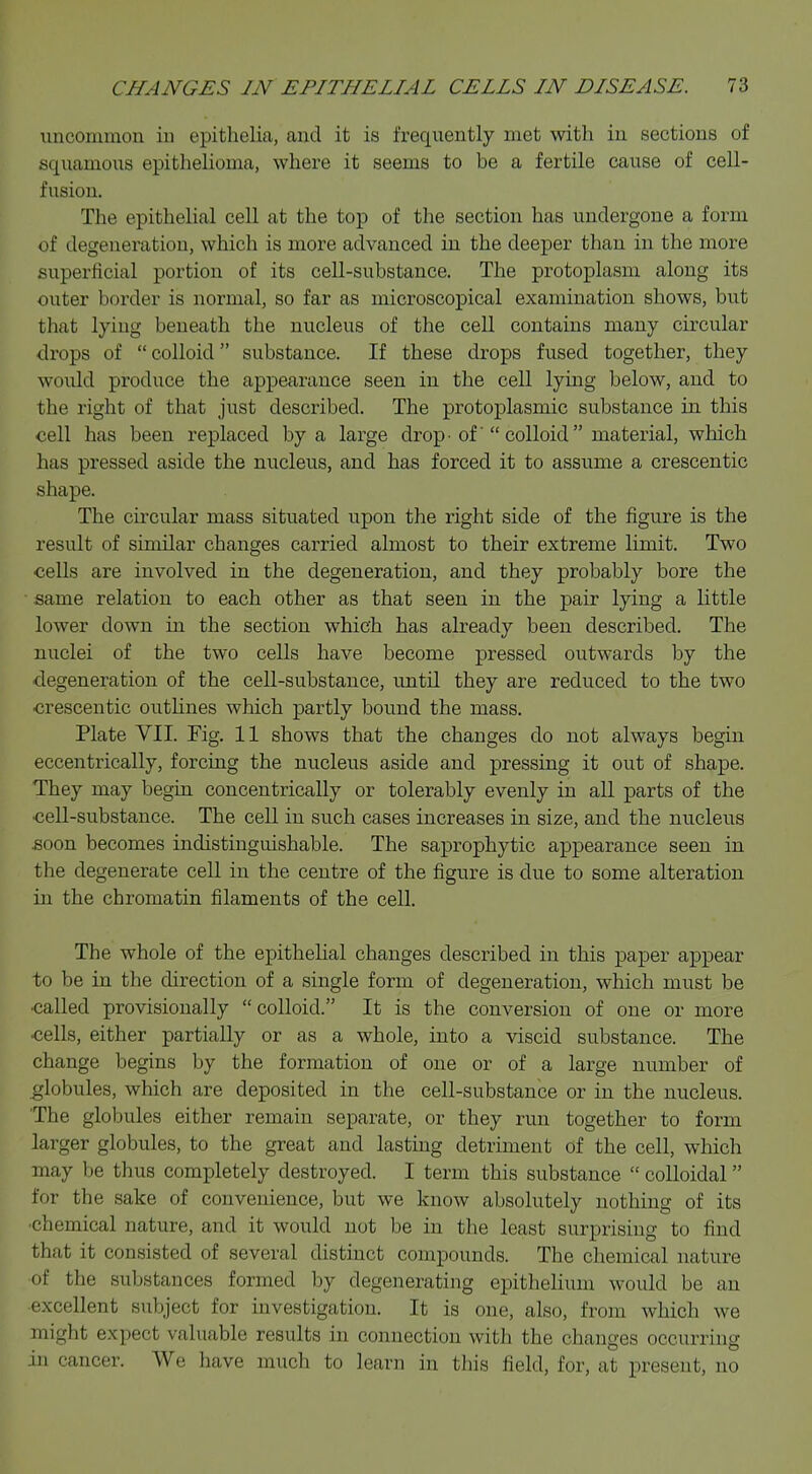 uncommon in epithelia, and it is frequently met with in sections of squamous epithelioma, where it seems to be a fertile cause of cell- fusion. The epithelial cell at the top of the section has undergone a form of degeneration, which is more advanced in the deeper than in the more superficial portion of its cell-substance. The protoplasm along its outer border is normal, so far as microscopical examination shows, but that lying beneath the nucleus of the cell contains many circular drops of  colloid substance. If these drops fused together, they would produce the appearance seen in the cell lying below, and to the right of that just described. The protoplasmic substance in this cell has been replaced by a large drop-of'colloid material, which has pressed aside the nucleus, and has forced it to assume a crescentic shape. The circular mass situated upon the right side of the figure is the result of similar changes carried almost to their extreme limit. Two cells are involved in the degeneration, and they probably bore the same relation to each other as that seen in the pair lying a little lower down in the section which has already been described. The nuclei of the two cells have become pressed outwards by the ■degeneration of the cell-substance, until they are reduced to the two crescentic outlines which partly bound the mass. Plate VII. Fig. 11 shows that the changes do not always begin eccentrically, forcing the nucleus aside and pressing it out of shape. They may begin concentrically or tolerably evenly in all parts of the cell-substance. The cell in such cases increases in size, and the nucleus soon becomes indistinguishable. The saprophytic appearance seen in the degenerate cell in the centre of the figure is due to some alteration in the chromatin filaments of the cell. The whole of the epithelial changes described in this paper appear to be in the direction of a single form of degeneration, which must be called provisionally colloid. It is the conversion of one or more cells, either partially or as a whole, into a viscid substance. The change begins by the formation of one or of a large number of globules, which are deposited in the cell-substance or in the nucleus. 'The globules either remain separate, or they run together to form larger globules, to the great and lasting detriment of the cell, which may be thus completely destroyed. I term this substance colloidal for the sake of convenience, but we know absolutely nothing of its chemical nature, and it would not be in the least surprising to find that it consisted of several distinct compounds. The chemical nature of the substances formed by degenerating epithelium would be an excellent subject for investigation. It is one, also, from which we might expect valuable results in connection with the changes occurring in cancer. We have much to learn in this field, for, at present, no