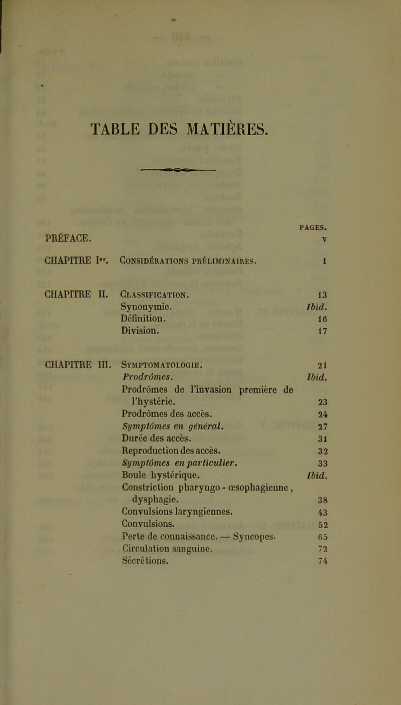 TABLE DES MATIÈRES. PAGES. PRÉFACE. V CHAPITRE I. Considérations préliminaires. 1 CHAPITRE II. Classification. 13 Synonymie. Ibid. Définition. 16 Division. 17 CHAPITRE III. Symptomatologie. 21 Prodrômes. Ibid, Prodromes de l'invasion première de l'hystérie. 23 Prodrômes des accès. 24 Symptômes en général. 27 Durée des accès. 31 Reproduction des accès. 32 Symptômes en particulier. 33 Boule liystériquc. Ibid. Constriction pharyngo - œsophagienne, dysphagie. 38 Convulsions laryngiennes. 43 Convulsions. 52 Perte de connaissance. — Syncopes. 65 Circulation sanguine. 72 Sécrétions. 74