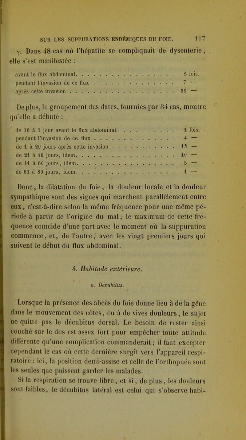 y. Dans 48 cas où l'hépalile se compliquait de dysenterie, elle s'est manifestée : avant le flux abdominal 2 fois. pendant l'invasion de ce flux 7 — après cette invasion 39 — De plus, le groupement des dates, fournies par 3 i cas, montre qu'elle a débuté : de 10 à 1 jour avant le flux abdominal 1 fois. pendant l'invasion de ce flux * — de 1 à 20 jours après cette invasion 13 — de 21 à 40 jours, idem 10 — de 41 à 60 jours, idem 5 — de 61 à 80 jours, idem 1 — Donc, la dilatation du foie, la douleur locale et la douleur sympathique sont des signes qui marchent parallèlement entre eux, c'est-à-dire selon la même fréquence pour une même pé- riode à partir de l'origine du mal; le maximum de celte fré- quence coïncide d'une part avec le moment où la suppuration commence, et, de l'autre, avec les vingt premiers jours qui suivent le début du flux abdominal. 4. Habitude extérieure. a. Décubitus. Lorsque la présence des abcès du foie donne lieu à de la gêne dans le mouvement des côtes, ou à de vives douleurs, le sujet ne quitte pas le décubitus dorsal. Le besoin de rester ainsi couché sur le dos est assez fort pour empêcher toute attitude difiérente qu'une complication commanderait; il faut excepter cependant le cas où cette dernière surgit vers l'appareil respi- ratoire : ici, la position demi-assise et celle de l'orlhopnée sont les seules que puissent garder les malades. Si la respiration se trouve libre, et si, de plus, les douleurs sont faibles, le décubitus latéral est celui qui s'observe habi-