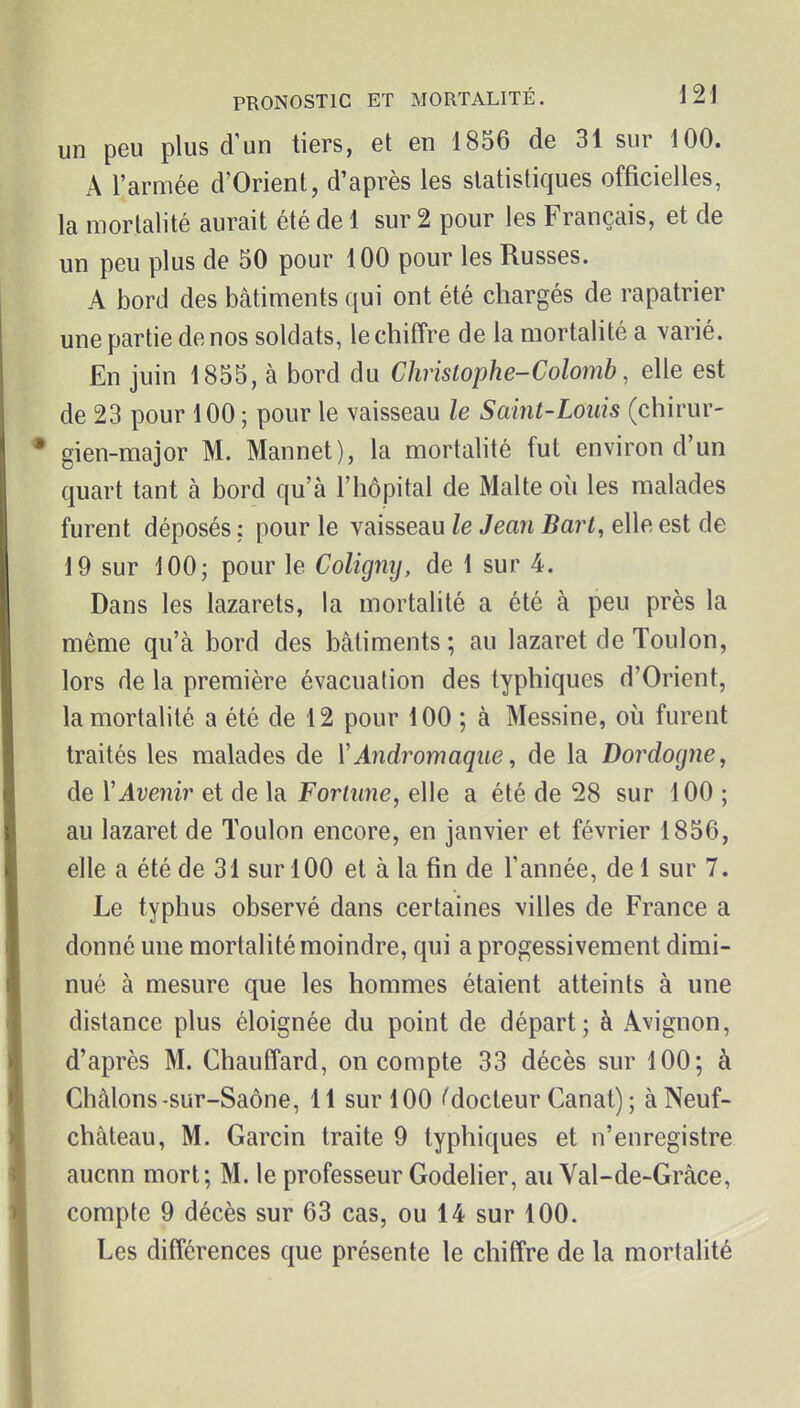 un peu plus d'un tiers, et en 1856 de 31 sur 100. A l'armée d'Orient, d'après les statistiques officielles, la mortalité aurait été de 1 sur 2 pour les Français, et de un peu plus de 50 pour 100 pour les Russes. A bord des bâtiments qui ont été chargés de rapatrier une partie de nos soldats, le chiffre de la mortalité a varié. En juin 1855, à bord du Christophe-Colomb, elle est de 23 pour 100 ; pour le vaisseau le Saint-Louis (chirur- gien-major M. Mannet), la mortahté fut environ d'un quart tant à bord qu'à l'hôpital de Malte où les malades furent déposés ; pour le vaisseau le Jean Bart, elle est de 19 sur 100; pour le Coligny, de 1 sur 4. Dans les lazarets, la mortalité a été à peu près la même qu'à bord des bcàtiments ; au lazaret de Toulon, lors de la première évacuation des typhiques d'Orient, la mortalité a été de 12 pour 100 ; à Messine, où furent traités les malades de ï Andromaque, de la Dordogne, de VAvenir et de la Fortune, elle a été de 28 sur 100 ; au lazaret de Toulon encore, en janvier et février 1856, elle a été de 31 sur 100 et à la fin de Tannée, de 1 sur 7. Le typhus observé dans certaines villes de France a donné une mortalité moindre, qui a progessivement dimi- nué à mesure que les hommes étaient atteints à une distance plus éloignée du point de départ; à Avignon, d'après M. Chauffard, on compte 33 décès sur 100; à Châlons-sur-Saône, 11 sur 100 docteur Canat) ; à Neuf- château, M. Garcin traite 9 typhiques et n'enregistre aucnn mort; M. le professeur Godelier, au Yal-de-Gràce, compte 9 décès sur 63 cas, ou 14 sur 100. Les différences que présente le chiffre de la mortalité