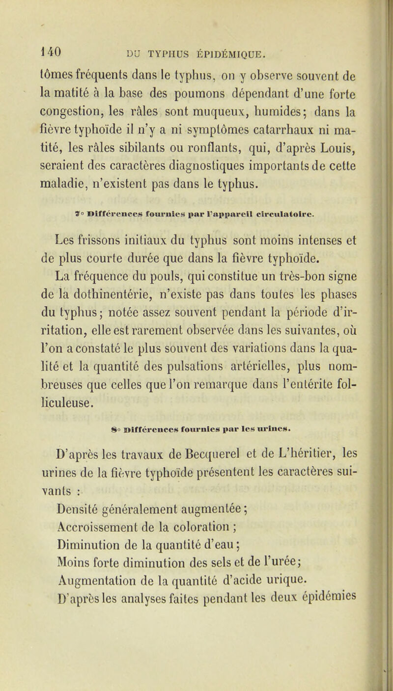 tômes fréquents dans le typhus, on y observe souvent de la matité à la base des poumons dépendant d'une forte congestion, les râles sont muqueux, humides; dans la fièvre typhoïde il n'y a ni symptômes catarrhaux ni ma- tité, les râles sibilants ou ronflants, qui, d'après Louis, seraient des caractères diagnostiques importants de cette maladie, n'existent pas dans le typhus. 9° Diffcreuccs foui'uicii par rapparcil circulatoire. Les frissons initiaux du typhus sont moins intenses et de plus courte durée que dans la fièvre typhoïde. La fréquence du pouls, qui constitue un très-bon signe de la dothinentérie, n'existe pas dans toutes les phases du typhus; notée assez souvent pendant la période d'ir- ritation, elle est rarement observée dans les suivantes, où l'on a constaté le plus souvent des variations dans la qua- lité et la quantité des pulsations artérielles, plus nom- breuses que celles que l'on remarque dans l'entérite fol- liculeuse. 8» niffcrcuccs fournies par les urines. D'après les travaux de Becquerel et de L'héritier, les urines de la fièvre typhoïde présentent les caractères sui- vants : Densité généralement augmentée; Accroissement de la coloration ; Diminution de la quantité d'eau ; Moins forte diminution des sels et de l'urée; Augmentation de la quantité d'acide urique. D'après les analyses faites pendant les deux épidémies