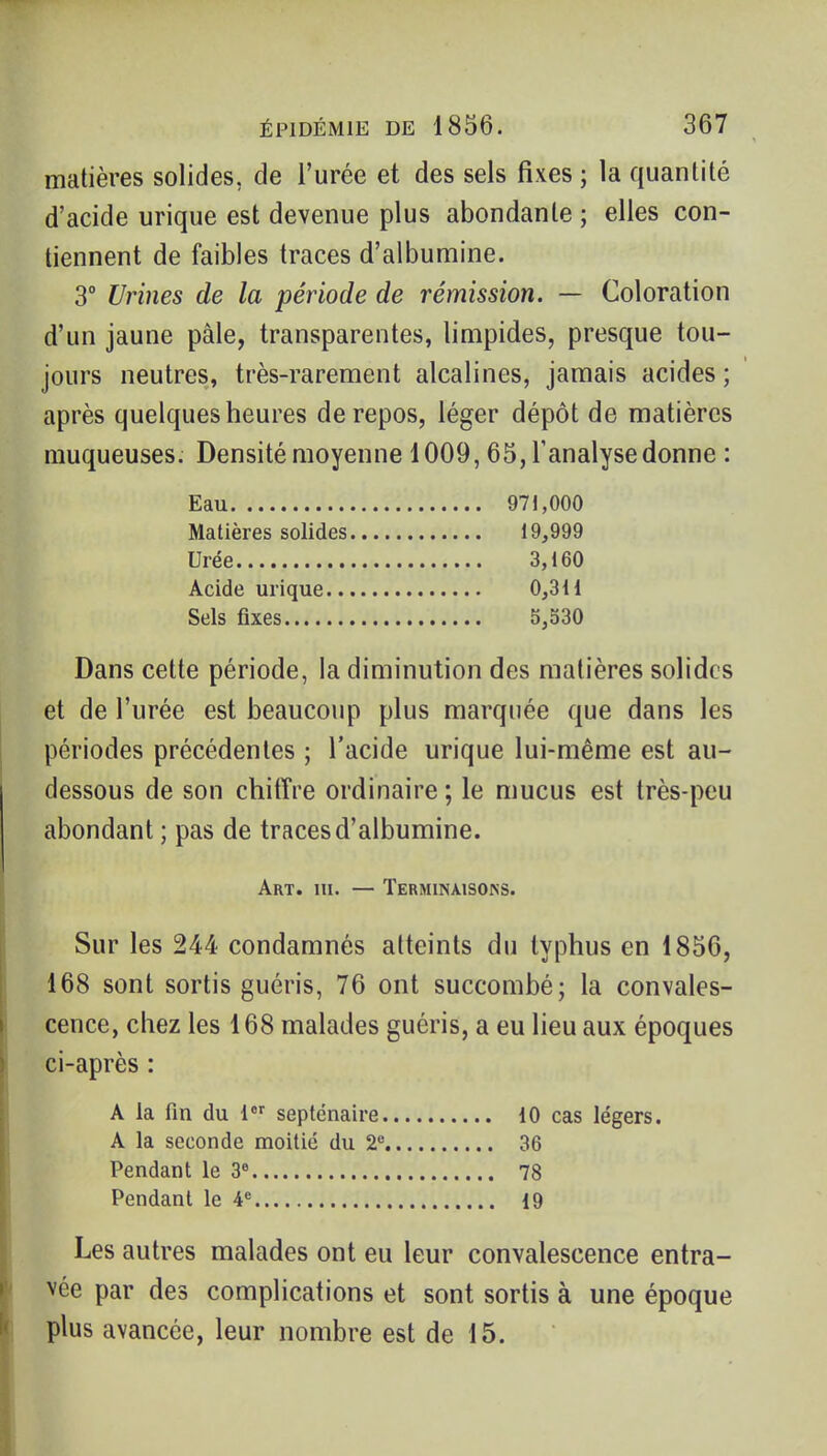 matières solides, de l'urée et des sels fixes ; la quantité d'acide urique est devenue plus abondante ; elles con- tiennent de faibles traces d'albumine. 3° Urines de la période de rémission. — Coloration d'un jaune pâle, transparentes, limpides, presque tou- jours neutres, très-rarement alcalines, jamais acides ; après quelques heures de repos, léger dépôt de matières muqueuses. Densité moyenne 1009,65, l'analyse donne : Eau 971,000 Matières solides 19,999 Urée 3,160 Acide urique 0,3 ^^ Sels fixes 5,530 Dans cette période, la diminution des matières solides et de l'urée est beaucoup plus marquée que dans les périodes précédentes ; l'acide urique lui-même est au- dessous de son chitîre ordinaire ; le mucus est très-peu abondant ; pas de traces d'albumine. Art. m. — Terminaisons. Sur les 244 condamnés atteints du typhus en 1856, 168 sont sortis guéris, 76 ont succombé; la convales- cence, chez les 168 malades guéris, a eu lieu aux époques ci-après : A la fin du 1 septénaire 10 cas légers. A la seconde moitié du 2 36 Pendant le 3* 78 Pendant le 4= 19 Les autres malades ont eu leur convalescence entra- vée par des complications et sont sortis à une époque plus avancée, leur nombre est de 15.