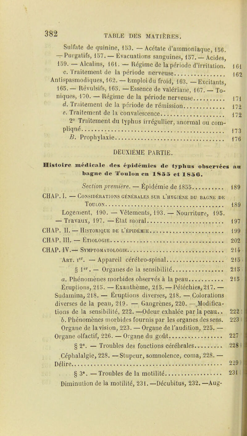 Sulfate de quinine, 153. — Acétate d'ammoniaque, 156. — Purgatifs, 157.— Évacuations sanguines, 157. —Acides, 159. — Alcalins, IGl. — Régime de la période d'irrilalion. 161 c. Traitement de la période nerveuse \Q2 Antispasmodiques, lG2. — limploidu froid, 163. — Excitants, 165.— Révulsifs, 165. — Essence de valériane, 167. — To- niques, 170. — Régime de la période nerveuse 171 d. Traitement de la pdiiode de rémission 172 e. Traitement de la convalescence 172 2° Traitement du typhus iirégullier, anormal ou com- Pl'qn'^ 173 B. Prophylaxie 17g DEUXIÈME PARTIE. Histoire méflicale «les épidémies de typhus obserTees an bague de Toulou en 1855 et 1856. Section première. — Épidémie de 1855 189 CHAP. I. — Considérations GÉNÉRALES sur L'HYGIÉ^E du bagni£ de Toulon 189 Logement, 190. — Vêtements, 193. — Nourriture, 195. — Travaux, 197. — Élat moral 197 CHAP. IL — Historique de l'épidémie 199 CHAP. III. — ÉTioLOGiE 202 CHAP. IV.— Symptomatologik 214 Art. i. —Appareil cérébro-spinal 215 § I. — Organes de la sensibilité 215 o. Phénomènes morbides observés à la peau 215 Éruptious, 215. — Exanthème, 215. — Péléchies, 217. — Sudamina, 218. — Éruptions diverses, 218. — Colorations diverses de la peau, 219. — Gangrènes, 220. —^Modifica- tions de la sensibilité, 222. —Odeur exhalée par la peau.. 222 : b. Phénomènes morbides fournis par les organes des sens. 223 i Organe de la vision, 223. — Organe de l'audition, 225. — Organe olfactif, 226. — Organe du goût 227 § 2*. — Troubles des fonctions cérébrales 228 ! Céphalalgie, 228. —Stupeur, somnolence, coma, 228. — Délire 229 • § 3». — Troubles de la motilité 231. Diminution de la motilité, 231.—Décubitus, 232.—Aug- j