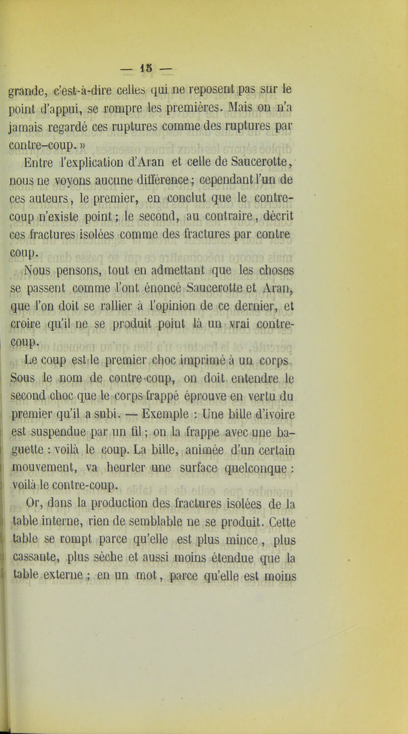 grande, c'est-à-dire celltis qui ne reposent pas sur le point d'appui, se rompre les premières. Mais ou n'a jamais regardé ces ruptures comme des ruptures par contre-coup. » Entre l'explication d'Aran et celle de Saucerotte, nous ne voyons aucune différence ; cependant l'un de ces auteurs, le premier, en conclut que le contre- coup n'existe point; le second, au contraire, décrit ces fractures isolées comme des fractures par contre coup. Nous pensons, tout en admettant que les clioses se passent comme l'ont énoncé Saucerotte et Aran, que l'on doit se rallier à l'opinion de ce dernier, et croire qu'il ne . se produit point là un vrai contre- I coup. Le coup est le premier choc imprimé à un corps. i Sous le nom de contre-coup, on doit entendre le second choc que le corps frappé éprouve en vertu du premier qu'il a subi. — Exemple : Une bille d'ivoire çst suspendue par un fil ; on la frappe avec une ba- ! guette : voilà le coup. La bille, animée d'un certain I mouvement, va heurter une surface quelconque : ! voilà le contre-coup. p Or, dans la production des fractures isolées de la table interne, rien de semblable ne se produit. Cette table se rompt parce qu'elle est plus mince, plus cassante, plus sèche et aussi moins étendue que la table externe ; en un mot, parce qu'elle est moins