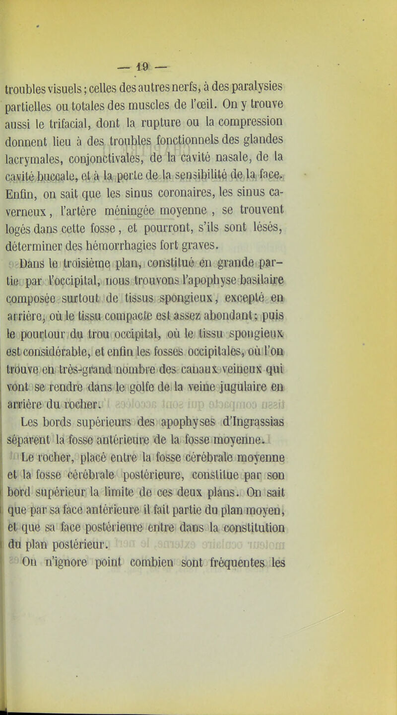 troubles visuels ; celles des autres nerfs, à des paralysies partielles ou totales des muscles de l'œil. On y trouve aussi le trifacial, dont la rupture ou la compression donnent lieu à des troubles fonctionnels des glandes lacrymales, conjonctivales, de la cavité nasale, de la cavité buccale, et à la perle de la sensibilité de la^ fac^^ Enfin, on sait que les sinus coronaires, les sinus ca- verneux , l'artère méningée moyenne , se trouvent logés dans cette fosse, et pourront, s'ils sont lésés, déterminer des hémorrhagies fort graves. Dans le troisième plan, constitué en grande par- tie par l'occipital, nous trouvons l'apophyse basilaii'e composée suitout de tissus spongieux, excepté en arrière, où le tissu compacte est assez abondant; puis le pourtour du trou occipital, où le tissu spongieux est considérable, et enfin les fosses occipitales, où l'on trouve en très-grand nombre des canaux veineux qui vont se rendre dans le golfe de la veine jugulaire en arrière du rocher. Les bords supérieurs des apophyses d'Ingrassias 1 séparent la fosse antérieure de la fosse moyenne, i'Le rocher, placé entre la fosse cérébrale moyenne et la fosse cérébrale postérieure, constitue par son Èôrd supérieur la limite de ces deux plans. On sait |ùe par sa face antérieure il fait partie du plan moyen, ël que sa face postérieure entre dans la constitution &a plan postérieur. On n'ignore point combien sont fréquentes les