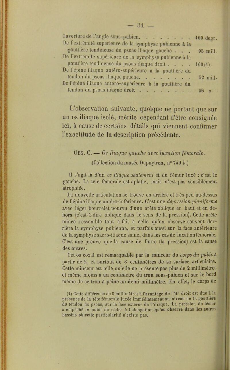 Ouverture de l'angle sous-pubien \qq degr. De L'extrémité supérieure de la symphyse pubienne à la gouttière tendineuse du psoas iliaque gauche ... 9a mill. De l'extrémité supérieure de la symphyse pubienne à la gouttière tendineuse du psoas iliaque droit . . . . 400(1 ). De l'épine iliaque antéro-supéricure à la gouttière du tendon du psoas iliaque gauche 52 mill. De l'épine iliaque anléro-supérieure à la gouttière du tendon du psoas iliaque droit i>6 » L'observation suivante, quoique ne portant que sur un os iliaque isolé, mérite cependant d'être consignée ici, à cause de certains détails qui viennent confirmer l'exactitude de la description précédente. Obs. C. — Os iliaque gauche avec luxation fémorale. (Collection du musée Dupuytren, n°749 b.) Il s'agit là d'un os iliaque seulement et du fémur luxé : c'est le gauche. La tête fémorale est aplatie, mais n'est pas sensiblement atrophiée. La nouvelle articulation se trouve en arrière et très-peu au-dessus de l'épine iliaque anléro-inférieure. C'est une dépression planiforme avec léger bourrelet pourvu d'une arête oblique en haut et en de- hors (c'est-à-dire oblique dans le sens de la pression). Cette arête mince ressemble tout à fait à celle qu'on observe souvent der- rière la symphyse pubienne, et parfois aussi sur la face antérieure de la symphyse sacro-iliaque saine, dans les cas de luxation fémorale. C'est une preuve que la cause de l'une (la pression] est la cause des autres. Cet os coxal est remarquable par la minceur du corps du pubis à partir de 2, et surtout de 3 centimètres de sa surface articulaire. Cette minceur est telle qu'elle ne présente pas plus de 2 millimètres et même moins à un centimètre du trou sous-pubien et sur le bord même de ce trou à peine un demi-millimètre. En effet, le corps de (1) Cette différence de 5 millimètres al'avantage da côte droit est due a la présence de la tête fémorale luxée immédiatement au niveau de la gouttière du tendon du psoas, sur la face externe de l'iliaque. La pression du fémur a empêché le pubis de céder à l'élongation qu'on observe dans les autres bassins où cette particularité n'existe pas.