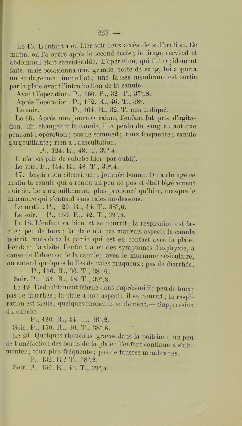 — 237 — Le io. L'enfant a eu hier soir deux accès de suffocation. Ce matin, on l'a opéré après le second accès ; le tirage cervical et abdominal était considéraljle. L'opération, qui fut rapidement faite, mais occasionna une grande perte de sang, lui apporta un soulagement immédiat ; une fausse membrane est sortie parla plaie avant l'introduction de la canule. Avant l'opération. P., 160. R., 32. T., 37°,8. Après l'opération. P., 132. R., 46. T., 38°. Le soir. P., 16-i. R., 32. T. non indiqué. Le 16. Après une journée calme, l'enfant fut pris d'agita- tion. En changeant la canule, il a perdu du sang autant que pendant l'opération ; pas de sommeil ; toux fréquente ; canule gargouillante; rien à l'auscultation. P., lU. R., 48. T. 39,4. Il n'a pas pris de cubcbe hier par oubli). Le soir. P., 144. R., 48. T., 39'',4. 17. Respiration silencieuse ; journée bonne. On a changé ce matin la canule qui a rendu un peu de pus et était légèrement noircie. Le gargouillement, plus prononcé qu'hier, masque le murmure qui s'entend sans râles au-dessous. Le matin. P., 120. R., 44. T.. 38°,6. Le soir. P., 150. R., 42. T., 39,4. Le 18. L'enfant va bien et se nourrit; la respiration est fa- cile ; peu de toux ; la plaie n'a pas mauvais aspect; la canule noircit, mais dans la partie qui est en contact avec la plaie. Pendant la visite, l'enfant a eu des symptômes d'asphyxie, à cause de Tabsence de la canule ; avec le murmure vésiculaire, on entend quelques bulles de râles muqueux; pas de diarrhée. P., 116. R., 36. T., 38°,(). Soir. P., 132. R., 48. T., 39^8. Le 19. Redoublement fébrile dans l'après-midi; peu de toux; pas de diarrhée ; la plaie a bon aspect ; il se nourrit ; la respi- ration est facile ; quelques rhonchus seulement.— Suppression du cubèbe. P., 120. R., 44. T., 38',2. Soir. P., 130. R., 30. T., 38,8. Le 20. Quel ques rhonchus graves dans la poitrine ; un peu do tuméfaction des bords de la plaie ; l'enfant continue à s'ah- menter; toux plus fréquente ; pas de fausses membranes. P., 132. R? T., 38,2. Soir. P., 132. R., T., 39,4.