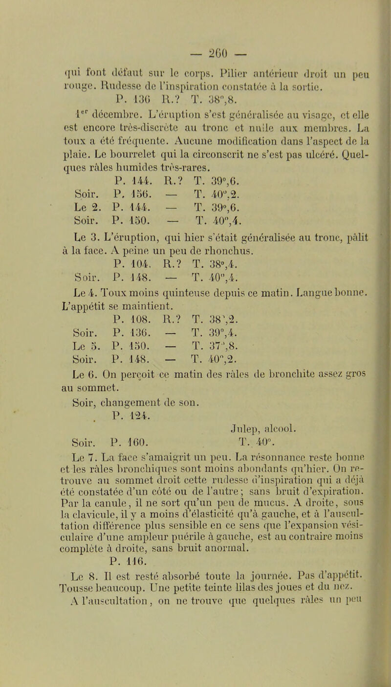 «lui font dtifaut sur le corps. Pilior antérieur droit un peu rouge. Rudesse de l'inspiration constatée à la sortie. P. 130 11.? T. 38,8. l* décembre. L'éruption s'est généralisée au visage, et elle est encore trcs-discrùtc au tronc et nulle aux membres. La toux a été fréquente. Aucune modification dans l'aspect de la plaie. Le bourrelet qui la circonscrit ne s'est pas idcéré. Quel- ques râles humides très-rares. P. 144. R.? T. 39,6. Soir. P. 15(5. — T. 40.2. Le 2. P. \U. — T. 39»i6. Soir. P. 150. — T. 40,4. Le 3. L'éruption, qui hier s'était généralisée au tronc, pâht à la face. A peine un peu de rhonchus. P. 104. R.? T. 38°,4. Soir. P. 148. — T. 40,4. Le 4. Toux moins quinteuse depuis ce matin. Langue bonne. L'appétit se maintient. P. 108. R.? T. 38 Soir. P. 130. — T. 39,4. Le 5. P. 150. — T. 37',8. Soir. P. 148. — T. 40,2. Le 0. On perçoit ce matin des râles de bronchite assez gros au sommet. Soir, changement de son. P. 124. Julep, alcool. Soir. P. 160. T. 40». Le 7. La face s'amaigrit un peu. La résonnancc reste bonne et les râles l)ronchiques sont moins abondants qu'hier. On re- trouve au sommet droit cette rudesse d'inspiration qui a déjà été constatée d'un côté ou de l'autre; sans bruit d'expiration. Par la canule, il ne sort qu'un peu de mucus. A droite, sous la clavicule, il y a moins d'élasticité qu'à gauche, et à l'auscul- tation différence plus sensible en ce sens que l'expansion vési- culaire d'une ampleur puérile à gauche, est au contraire moins complète à droite, sans bruit anormal. P. 116. Le 8. Il est resté absorbé toute la journée. Pas d'appétit. Tousse beaucoup. Une petite teinte lilas des joues et du nez. A l'auscultation, on ne trouve que quelques râles un peu