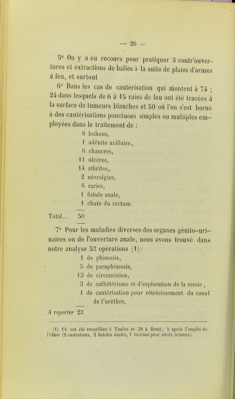 5° On y a eu recours pour pratiquer 3 conlr'ouver- tures et extractions de balles à la suite de plaies d'armes à feu, et surtout 6° Dans les cas de cautérisation qui montent à 74 ; 24 dans lesquels de 6 à 15 raies de feu ont été tracées à la surface de tumeurs blanches et 50 où l'on s'est borné à des cautérisations ponctuées simples ou multiples em- ployées dans le traitement de : 8 bubons, 1 adénite axillaire, 0 chancres, 41 ulcères, 14 athrites, 2 névralgies, 6 caries, 1 fistule anale, 1 chute du rectum. Total... 50 7° Pour les maladies diverses des organes génito-uri- naires ou de l'ouverture anale, nous avons trouvé dans notre analyse 52 opérations (1): 4 de phimosis, 5 de paraphimosis, 43 de circoncision, 3 de cathétérisme et d'exploration de la vessie , 1 de cautérisation pour rétrécissement du canal de l'urèthre, A reporter 23 (1) il ont été recueillies à Toulon et 38 à Brest; 5 après l'emploi de l'éther (2 castrations, 2 fistules anales, 1 incision pour abcès urineux).