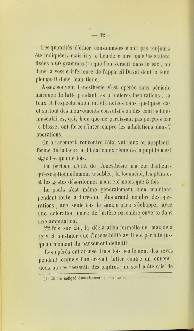 Les quantités d'élhej consommées n'ont pas toujours été indiquées, mais il y a lieu de croire qu'elles étaient fixées à 60 grammes (I) que l'on versait dans le sac, ou dans la vessie inférieure de l'appareil Duval dont le fond plongeait dans l'eau tiède. Assez souvent l'ancslhésie sest opérée sans période marquée de lutte pendant les premières inspirations ; la toux et l'expectoration ont été notées dans quelques ctos et surtout des mouvements convulsifs ou des contractions musculaires, qui, bien que ne paraissant pas perçues par le blessé, ont forcé d'interrompre les inhalations dans 7 opérations. On a rarement rencontré l'étal vullueux ou apoplecli- forme de la face; la dilatation extrême tie la pupille n'est signalée qu'une fois. La période d'état de l'aneslhésie n'a été d'ailleurs qu'exceptionnellement troublée, la loquacité, les plaintes et les gestes désordonnés n'ont été nolés que 3 fois. Le pouls s'est même généralement bien maintenu pendant toute la durée du plus grand nombre des opé- rations ; une seule fois le sang a paru s'échapper ajvec une coloration noire de l'artère péronière ouverte dans une amputation. 22 fois sur 24 , la déclaration formelle du malade a servi à constater que l'insensibilité avait été parfaite jus- qu'au moment du pansement définitif. Les opérés ont accusé trois fois seulement des rêves pendant lesquels l'un croyait lutter contre un ennemi, deux autres ressentir des piqûres ; un seul a été saisi de (1) Chiffre indiqué dans plusieurs observations.