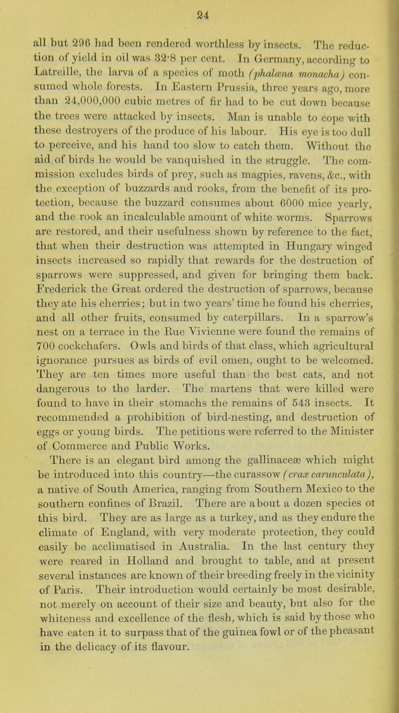 all but 296 had been rendered worthless by insects. The reduc- tion of yield in oil was 32-8 per cent. In Germany, according to Latreille, the larva of a species of moth (phalaina monachaJ con- sumed wliolc forests. In Eastern Prussia, three years ago, more than 24,000,000 cubic metres of fir had to be cut down because the trees were attacked by insects. Man is unable to cope with these destroyers of the produce of his labour. His eye is too dull to perceive, and his hand too slow to catch them. Without the aid of birds he would be vanquished in the struggle. The com- mission excludes birds of prey, such as magpies, ravens, &c., with the exception of buzzards and rooks, from the benefit of its pro- tection, because the buzzard consumes about 6000 mice yearly, and the rook an incalculable amount of white worms. Sparrows are restored, and their usefulness shown by reference to the fact, that when their destruction was attempted in Hungary Avinged insects increased so rapidly that rewards for the destruction of sparrows were suppressed, and given for bringing them back. Fredei'ick the Great ordered the destruction of sparrows, because they ate his cherries; but in two years' time he found his cherries, and all other fruits, consumed by caterpillars. In a sparrow's nest on a terrace in the Rue Vivienne were found the remains of 700 cockchafers. Owls and birds of that class, which agincultural ignorance pursues as birds of evil omen, ought to be welcomed. They are ten times more useful than the best cats, and not dangerous to the larder. The martens that were killed were found to have in their stomachs the remains of 543 insects. It recommended a prohibition of bird-nesting, and destruction of eggs or young birds. The petitions were I'eferred to the Minister of Commerce and Public Works. There is an elegant bird among the gallinacese which might be introduced into this country—the curassow (crax caruncidata), a native of South America, ranging from Southern Mexico to the southern confines of Brazil. There are about a dozen species ot this bird. They are as large as a turkey, and as they endure the climate of England, with very moderate protection, they could easily be acclimatised in Australia. In the last centuiy they were reared in Holland and brought to table, and at present several instances are known of their breeding freely in the vicinity of Paris. Their introduction would certainly be most desirable, not merely on account of their size and beauty, but also for the whiteness and excellence of the flesh, which is said by those who have eaten it to surpass that of the guinea fowl or of the pheasant in the delicacy of its flavour.