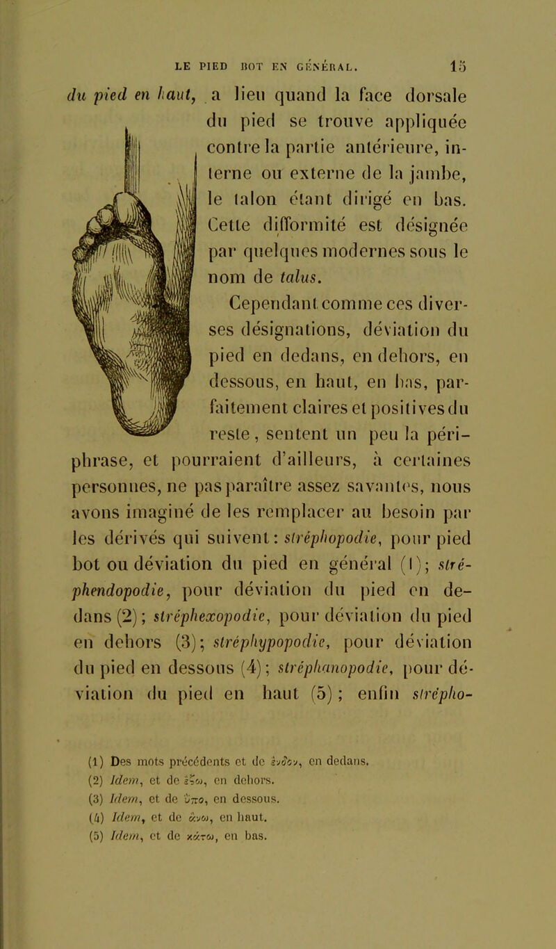 du pied en haut, a lieu quand la face dorsale du pied se trouve appliquée conli e la partie antérieure, in- terne ou externe de la jambe, le (alon étant dirigé en bas. Cette diflbrmité est désignée par quelques modernes sous le nom de talus. Cependant comme ces diver- ses désignations, déviation du pied en dedans, en dehors, en dessous, en haut, en bas, par- faitement claires et positives du reste, sentent un peu la péri- phrase, et pourraient d'ailleurs, à certaines personnes, ne pas paraître assez savant(^s, nous avons imaginé de les remplacer au besoin par les dérivés qui ^mweni: siréphoj)odie, pour pied bot ou déviation du pied en général (I); Hré- phendopodie, pour déviation du pied en de- dans (2) ; stréphexopodie, pour déviation du pied en dehors (3); siréphypopodie, pour déviation du pied en dessous (4) ; stréphanopodie, pour dé- viation du pied en haut (5) ; enfin sirèplio- (1) Des mots précédents et de £vJ«>, on dedans. (2) Ide?7î, et de en dcliors. (3) Idem, et de i/tto, en dessous, (/i) Idem^ et de âvw, en haut.