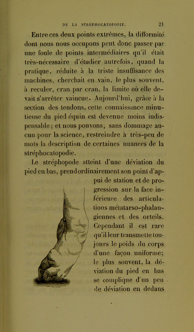 Entre ces deux points extrêmes, la difformité dont nous nous occupons peut donc passer par une foule de points intermédiaires qu'il était très-nécessaire d'étudier autrefois, quand la pratique, réduite h la triste insuffisance des machines, cherchait en vain, le plus souvent, à reculer, cran par cran, la limite où elle de- vait s'arrêter vaincue. Aujourd'hui, grâce à la section dos tendons, cette connaissance minu- tieuse du pied équin est devenue moins indis- pensable ; et nous pouvons, sans dommage au- cun pour la science, restreindre à très-peu de mots la description de certaines nuances de la stréphocatopodie. Le stréphopode atteint d'une déviation du pied en bas, prend ordinairement son point d'ap- pui de station et de pro- gression sur la face in- férieure des articula- tions métatarso-phalan- giennes et des orteils. Cependant il est rare qu'il leur transmette tou- jours le poids du corps d'une façon uniforme; le plus souvent, la dé- viation du pied en bas se complique d'un peu de déviation en dedans