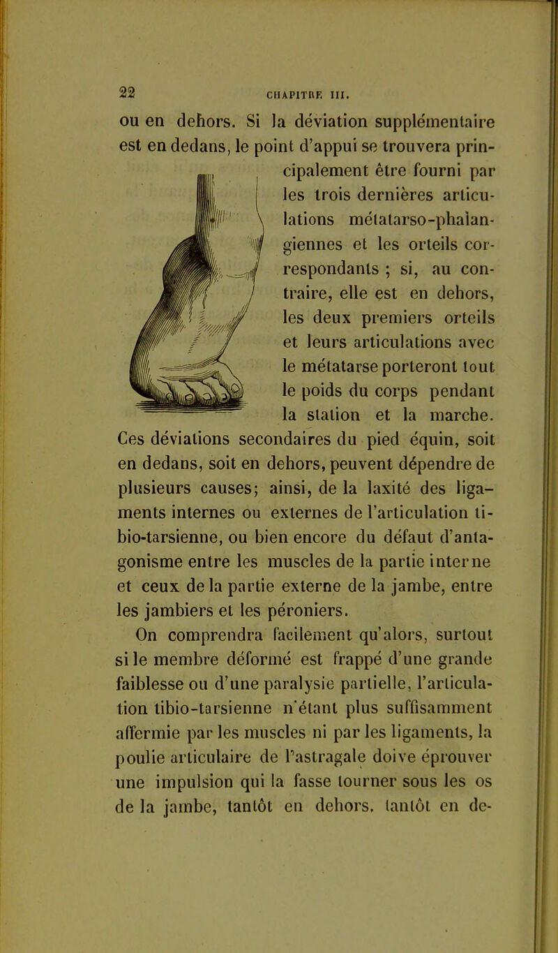 OU en dehors. Si la déviation supplémentaire est en dedans, le point d'appui se trouvera prin- cipalement être fourni par les trois dernières articu- lations mélalarso-phaian- giennes et les orteils cor- respondants ; si, au con- traire, elle est en dehors, les deux premiers orteils et leurs articulations avec le métatarse porteront tout le poids du corps pendant la station et la marche. Ces déviations secondaires du pied équin, soit en dedans, soit en dehors, peuvent dépendre de plusieurs causes; ainsi, de la laxité des liga- ments internes ou externes de l'articulation li- bio-tarsienne, ou bien encore du défaut d'anta- gonisme entre les muscles de la partie interne et ceux delà partie externe de la jambe, entre les jambiers et les péroniers. On comprendra facilement qu'alors, surtout si le membre déformé est frappé d'une grande faiblesse ou d'une paralysie partielle, l'articula- tion libio-tarsienne n'étant plus suffisamment affermie par les muscles ni par les ligaments, la poulie articulaire de Tastragale doive éprouver une impulsion qui la fasse tourner sous les os de la jambe, tantôt en dehors, tantôt en de-