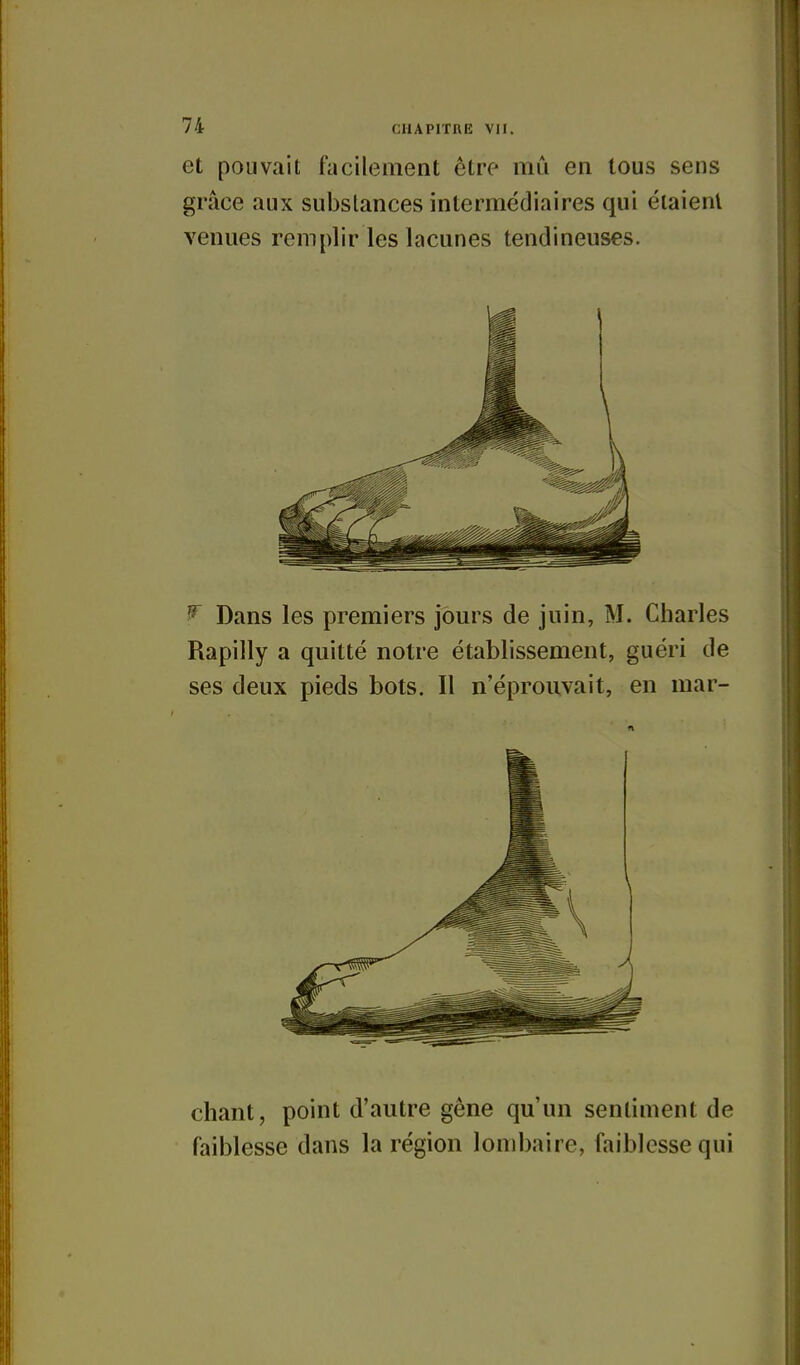 et pouvait facilement être mû en tous sens grâce aux substances intermédiaires qui éiaienl venues remplir les lacunes tendineuses. ^ Dans les premiers jours de juin, M. Charles Rapilly a quitté notre établissement, guéri de ses deux pieds bots. Il n'éprouvait, en mar- chant, point d'autre gêne qu'un sentiment de faiblesse dans la région lonibaire, faiblesse qui