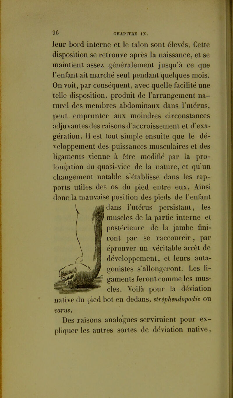 leur bord interne et le talon sont élevés. Cette disposition se retrouve après la naissance, et se maintient assez généralement jusqu'à ce que l'enfant ait marché seul pendant quelques mois. On voit, par conséquent, avec quelle facilité une telle disposition, produit de l'arrangement na- turel des membres abdominaux dans l'utérus, peut emprunter aux moindres circonstances adjuvantesdes raisons d'accroissement et d'exa- gération. 11 est tout simple ensuite que le dé- veloppement des puissances musculaires et des ligaments vienne à être modifié par la pro- longation du quasi-vice de la nature, et qu'un changement notable s'établisse dans les rap- ports utiles des os du pied entre eux. Ainsi donc la mauvaise position des pieds de l'enfant dans l'utérus persistant, les muscles de la partie interne et postérieure de la jambe fini- ront par se raccourcir, par éprouver un véritable arrêt de développement, et leurs anta- gonistes s'allongeront. Les li- gaments feront comme les mus- cles. Voilà pour la déviation native du pied bot en dedans, stréphendopodie ou mrus. Des raisons analogues serviraient pour ex- pliquer les autres sortes de déviation native,