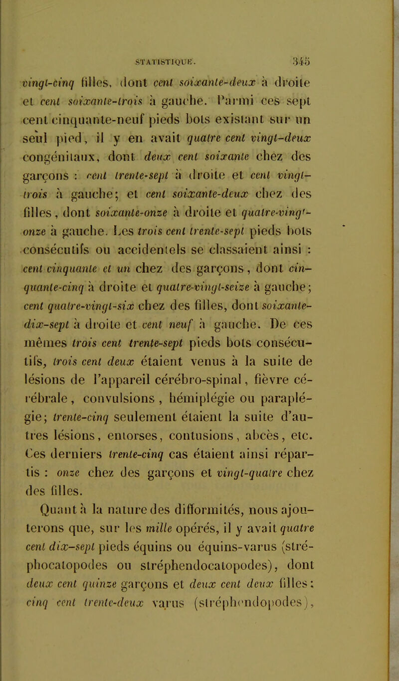 vingt-cinq filles, dont cent soixante-deux à droite el cent soixante-trois à gauche. Parmi ces sept cent cinquante-neuf pieds bols exislant sur un seul pied, il y en avait quatre cent vingt-deux congénitaux, dont deux cent soixante chez des garçons : fcnt trente-sept ii droite et cent vingt- trois à gauche; et cent soixante-deux chez des filles, dont soixante-onze à droite et quatre-vingf- onze à gauche. Les trois cent trente-sept pieds hols consécutifs ou accidentels se classaient ainsi : cent cinquante et un chez des garçons, dont cin- quante-cinq à droite et quatre-vingt-seize à gauche; cent quatre-vingt-six chez des filles, ôonl soixanle- dix-sept il di'oite et cent neuf à gauche. De ces mêmes trois cent trente-sept pieds bols consécii- tils, trois cent deux étaient venus à la suite de lésions de l'appareil cérébro-spinal, fièvre cé- rébrale , convulsions , hémiplégie ou paraplé- gie; trente-cinq seulement étaienl la suile d'au- tres lésions, entorses, contusions, abcès, etc. Ces derniers trente-cinq cas étaient ainsi répar- tis : onze chez des garçons el vingt-quaire chez des fdles. Quanta la nature des difformités, nous ajou- terons que, sur les mille opérés, il y avait quatre cent dix-sept pieds équins ou équins-varus (slré- phocatopodes ou stréphendocalopodes), dont deux cent quinze garçons et deux cent deux filles: cinq cent trente-deux varus (stréphcndopodes),