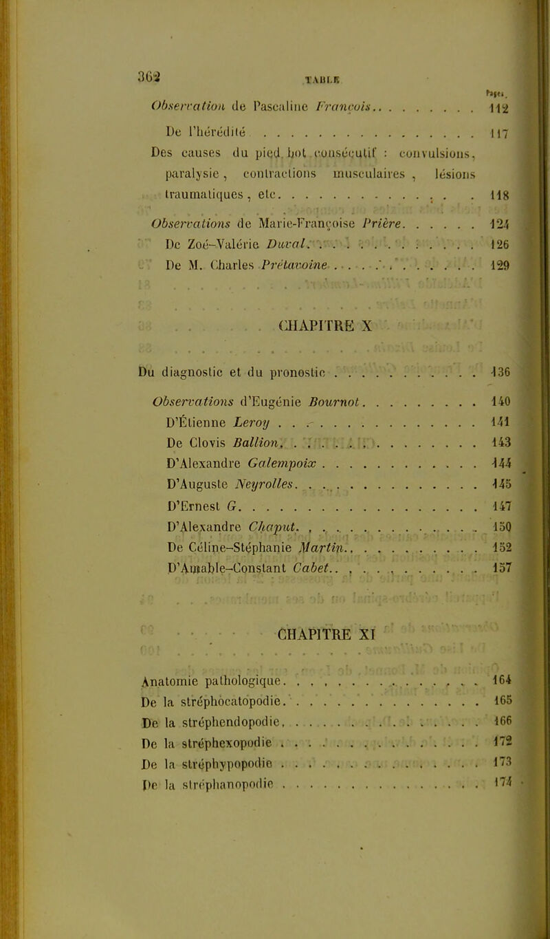 Obserratioa de Pasciiliiie François ]\<-2 De l'hérédité !i7 Des causes du pied. Ijot .l'.ousécuUf : cuuvulsious, paralysie, conlraelions musculaires , lésions Iraumaliques, etc . . H8 Observations de Marie-Françoise Prière 124 De Zoé-Valérie Z)t«rfl/: 126 De M. CJiarles .Prétavoine . . . . 129 CHAPITRE X Du diagnostic et du pronostic -136 Observations d'Eugénie Bournot 140 D'Étienne Leroij 141 De Clovis Ballion 143 D'Alexandre Galempoix -144 D'Auguste Neyrolles. -145 D'Ernest G 147 D'Alexandre Chaput. , ioO De Céline-Stéphanie Martin 152 D'Autable-Conslanl Cabet.. 157 CHAPITRE XI An.alomie pathologique 164 De la slréphôcatopodie. . 165 De la stréphendopodie 166 De la slréphexopodie 172 De la slréphypopodie 173 De la slréphanopodic 174