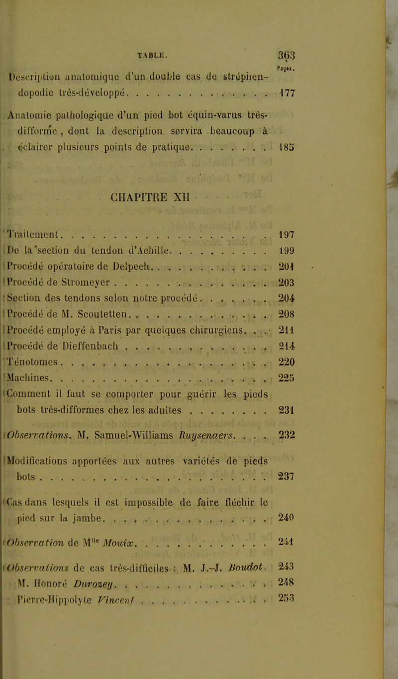 Vagli. l)esori[jlion anuloiuique d'un double cas du slrépiicii- dopodie Irès-développé M7 . Analomie palliologique d'un pied bot équin-varus très- difforme , dont la description servira beaucoup à éclairer plusieurs points de pratique 185 CHAPITRE XII Traileuicnt 197 IDe la'section du tendon d'Achille 199 I Procédé opératoire de Deïpech 20^ IProcédé de Stromeyer . 203 : Section des tendons selon notre procédé 204 I Procédé de M. Scoutetten 208 1 Procédé employé à Paris par quelques chirurgiens. . .• 211 1 Procédé de Dieffenbach 214 ïénotomes 220 IMachines 225 iComment il faut se comporter pour guérir les pieds bols très-difformes chez les adultes 231 (Observations. M, Samuel-Williams Ruysenaers. . . . 232 Modifications apportées aux autres variétés de pieds bots 237 'Casdans lesquels il est impossible de faire fléchir le pied sur la jambe 240 (Observation de M' Mouicc 241 iObserralions de cas très-difficiles : M. J.-J. Jioudoi- M. Honoré Durozey rioric-IIippolyl.e Vinrent 243 248 253