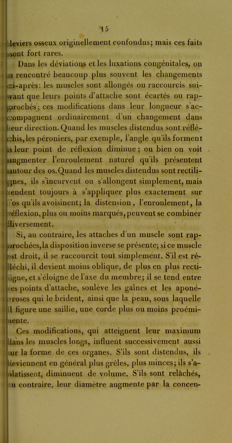 leviers osseux originellement confondus; mais ces faits sont fort rares. Dans les déviations et les luxations congénitales, on ja rencontré beaucoup plus souvent les changements ci-après: les muscles sont allongés ou raccourcis sui- vant que leurs points d’attache sont écartés ou rap- prochés'; ces modifications dans leur longueur s’ac- compagnent ordinairement d’un changement dans heur direction. Quand les muscles distendus sont réflé- i?chis,les péroniers, par exemple, l’angle qu’ils forment ai leur point de réflexion diminue; ou bien on voit j -augmenter l’enroulement naturel qu’ils présentent autour des os. Quand les muscles distendus sont rectili- gnes, ils s’incurvent ou s’allongent simplement, mais ,endent toujours à s’appliquer plus exactement sur ’os qu’ils avoisinent; la distension, l’enroulement, la •éflexion,plus ou moins marqués, peuvent se combiner v ^diversement. Si, au contraire, les attaches d un muscle sont rap- prochées,la disposition inverse se présente; si ce muscle iüSt droit, il se raccourcit tout simplement. S’il est ré- iléchi, il devient moins oblique, de plus en plus recti- iigne, et s’éloigne de l’axe du membre; il se tend entre es points d’attache, soulève les gaines et les aponé- vroses qui le brident, ainsi que la peau, sous laquelle l figure une saillie, une corde plus ou moins proémi- nente. Ces modifications, qui atteignent leur maximum lans les muscles longs, influent successivement aussi ur la forme de ces organes. S’ils sont distendus, ils leviennent en général plus grêles, plus minces; ils s’a- ►latissent, diminuent de volume. S’ils sont relâchés, u contraire, leur diamètre augmente par la concen-