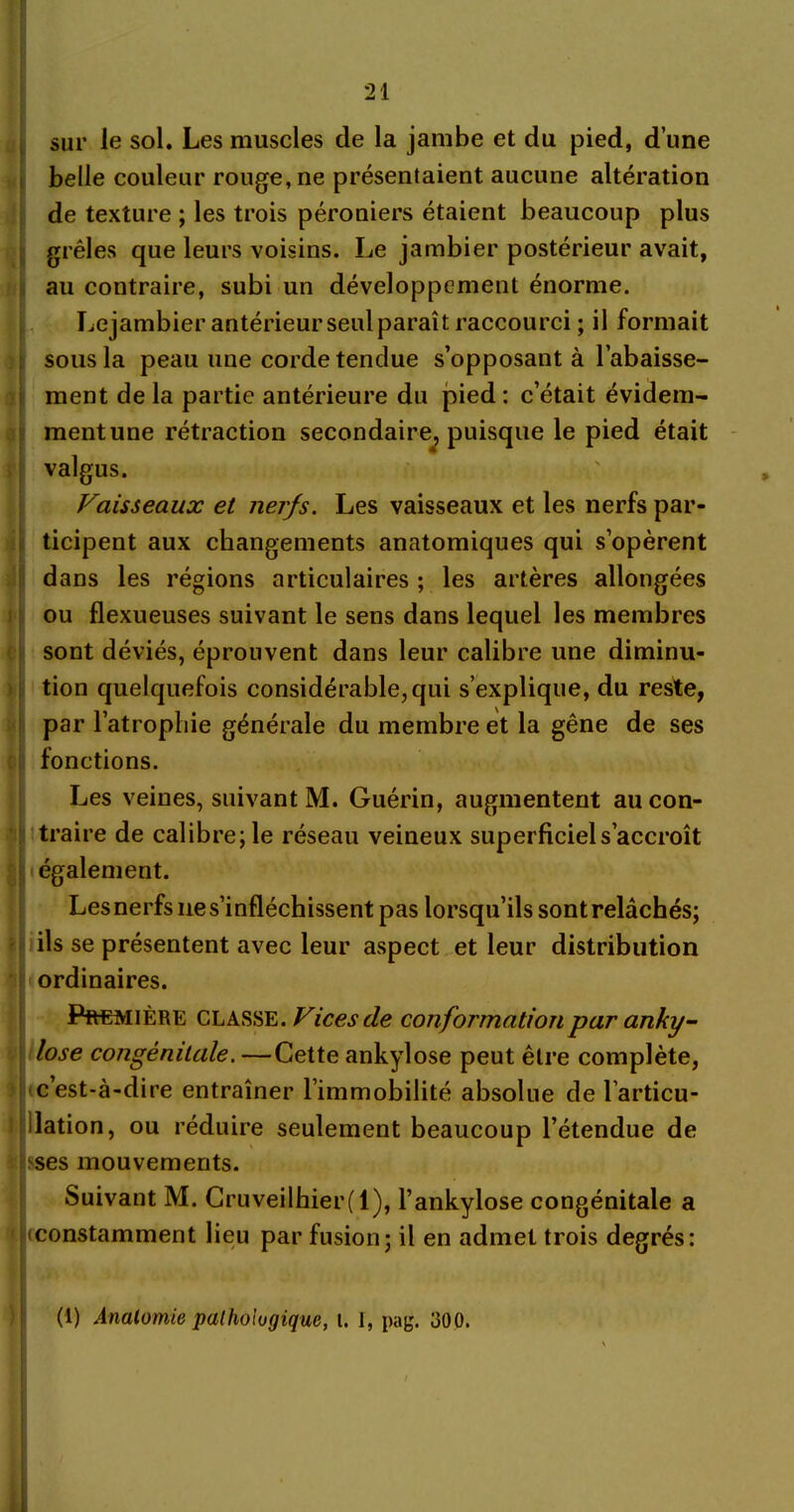 * û € ) c i i * ) sur le sol. Les muscles de la jambe et du pied, d’une belle couleur rouge, ne présentaient aucune altération de texture ; les trois péroniers étaient beaucoup plus grêles que leurs voisins. Le jambier postérieur avait, au contraire, subi un développement énorme. Lejambier antérieur seul paraît raccourci ; il formait sous la peau une corde tendue s’opposant à l’abaisse- ment de la partie antérieure du pied : c’était évidem- mentune rétraction secondaire^ puisque le pied était valgus. Vaisseaux et nerfs. Les vaisseaux et les nerfs par- ticipent aux changements anatomiques qui s’opèrent dans les régions articulaires ; les artères allongées ou flexueuses suivant le sens dans lequel les membres sont déviés, éprouvent dans leur calibre une diminu- tion quelquefois considérable,qui s’explique, du reste, par l’atrophie générale du membre et la gêne de ses fonctions. Les veines, suivant M. Guérin, augmentent au con- traire de calibre; le réseau veineux superficiel s’accroît également. Les nerfs ne s’infléchissent pas lorsqu’ils sont relâchés; ils se présentent avec leur aspect et leur distribution ordinaires. Première classe. Vices de conformation par anky- losé congénitale. —Cette ankylosé peut être complète, c’est-à-dire entraîner l’immobilité absolue de l’articu- ilation, ou réduire seulement beaucoup l’étendue de ^ses mouvements. Suivant M. Cruveilhier(l), l’ankylose congénitale a (constamment lieu par fusion; il en admet trois degrés: (1) Anatomie pathologique, t. I, pag. 300.