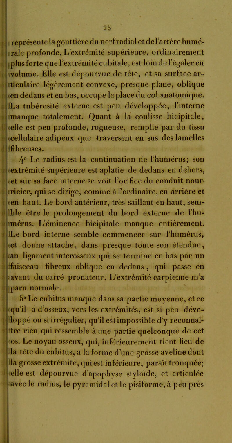 représente la gouttière du nerf radial et de l’artère humé- rale profonde. L’extrémité supérieure, ordinairement plus forte que l’extrémité cubitale, est loin de l’égaler en volume. Elle est dépourvue de tête, et sa surface ar- ticulaire légèrement convexe, presque plane, oblique en dedans et en bas, occupe la place du col anatomique. ILa tubérosité externe est peu développée, l’interne manque totalement. Quant à la coulisse bicipitale, elle est peu profonde, rugueuse, remplie par du tissu [(cellulaire adipeux que traversent en sus des lamelles ifibreuses. 4° Le radius est la continuation de l’humérus; son extrémité supérieure est aplatie de dedans en dehors, et sur sa face interne se voit l’orifice du conduit nour- îricier, qui se dirige, comme à l’ordinaire, en arrière et en haut. Le bord antérieur, très saillant en haut, sem- Ible être le prolongement du bord externe de l’hu- îmérus. L’éminence bicipitale manque entièrement. ILe bord interne semble commencer sur l’humérus, tet donne attache, dans presque toute son étendue, .au ligament interosseux qui se termine en bas par un Iilfaisceau fibreux oblique en dedans, qui passe en îavant du carré pronateur. L’extrémité carpienne m’a jparu normale. 5° Le cubitus manque dans sa partie moyenne, et ce (qu’il a d osseux, vers les extrémités, est si peu déve- iloppé ou si irrégulier, qu’il est impossible d’y reconnaî- tre rien qui ressemble à une partie quelconque de cet (aos. Le noyau osseux, qui, inférieurement tient lieu de lia tête du cubitus, a la forme d’une grosse aveline dont lia grosse extrémité, qui est inférieure, paraît tronquée; elle est dépourvue d’apophyse styloïde, et articulée avec le radius, le pyramidal et le pisiforme, à peu près * i,