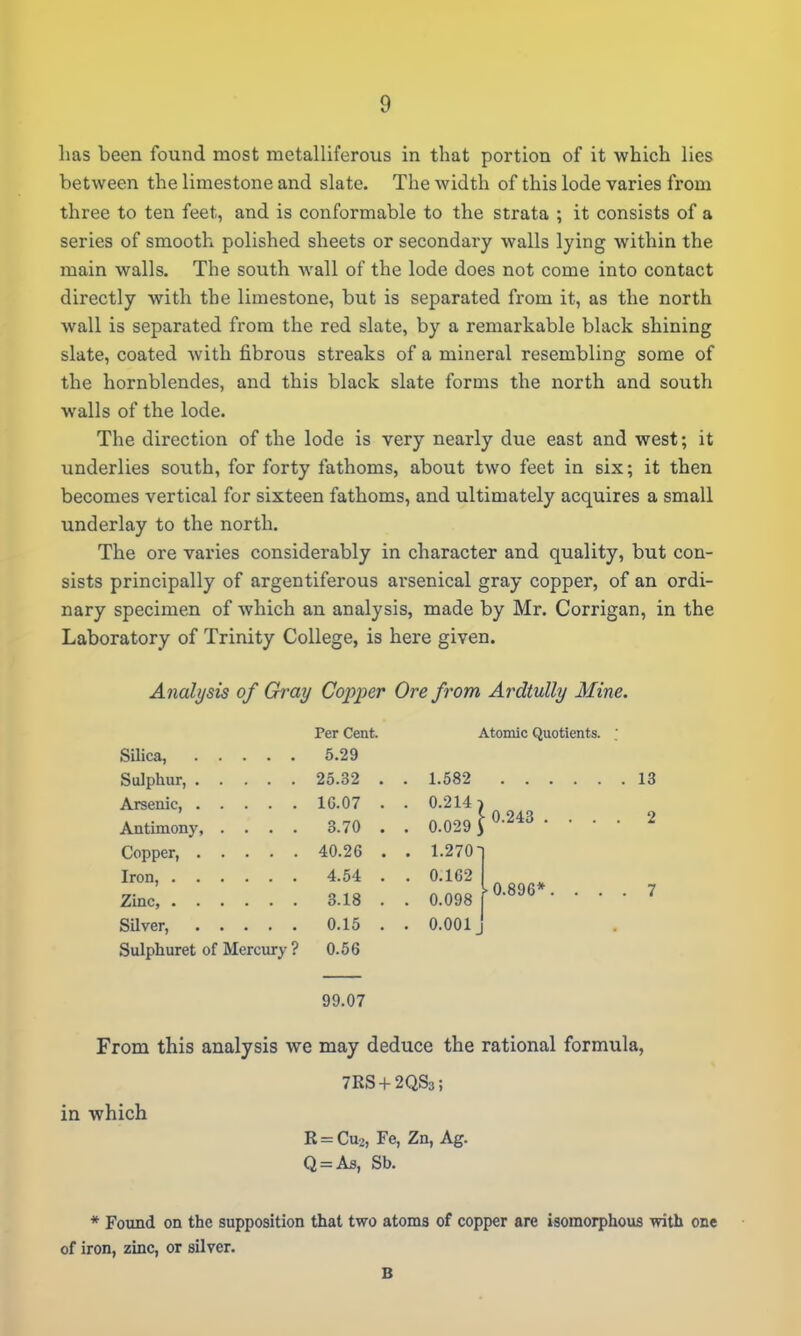 has been found most metalliferous in that portion of it which lies between the limestone and slate. The width of this lode varies from three to ten feet, and is conformable to the strata ; it consists of a series of smooth polished sheets or secondary walls lying within the main walls. The south wall of the lode does not come into contact directly with the limestone, but is separated from it, as the north wall is separated from the red slate, by a remarkable black shining slate, coated with fibrous streaks of a mineral resembling some of the hornblendes, and this black slate forms the north and south walls of the lode. The direction of the lode is very nearly due east and west; it underlies south, for forty fathoms, about two feet in six; it then becomes vertical for sixteen fathoms, and ultimately acquires a small underlay to the north. The ore varies considerably in character and quality, but con- sists principally of argentiferous arsenical gray copper, of an ordi- nary specimen of which an analysis, made by Mr. Corrigan, in the Laboratory of Trinity College, is here given. Analysis of Gray Copper Ore from Per Cent. A Silica, 5.29 Sulphur, 25.32 . . 1.582 Arsenic, 1G.07 . . 0.214i Antimony, . . . . 3.70 . . 0.029 j Copper, 40.26 . . 1.270 Iron, 4.54 . . 0.162 Zinc, 3.18 . . 0.098  Silver, 0.15 . . 0.001 Sulphuret of Mercury ? 0.56 99.07 Atomic Quotients. 0.243 0.896* . 13 2 From this analysis we may deduce the rational formula, 7RS + 2QS3; in which R = Cu2, Fe, Zn, Ag. Q = As, Sb. * Found on the supposition that two atoms of copper are isomorphous with one of iron, zinc, or silver. B