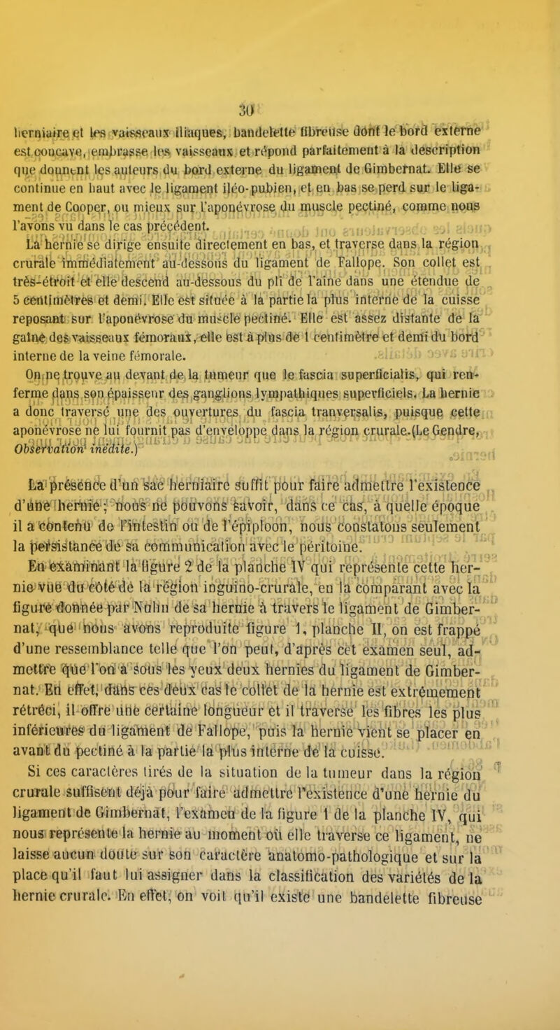 licrniaire et lt>8 vaisseaux Iliaques, bandelette flbreiise dôrtt le bord externè*^ est poucave, embrasse les vaisseanx et n^pond parfaitement à la description^ qije do^^^ltDt les auteurs du bord externe du ligament de Gimbernat. Elle se continue en haut avec le ligament iléo-pubien, et en bas se perd sur le liga- ment,de Cooper, pu mieux sur L'apoij^y^'os^ i^u jp^ PpÇ.MJJé, ço)ïïn\e,non3 ^® cas prèçédeD.t. ;.„t..->b îno gnii'd'Km^c*': p.hup Là'hernié'se dirige ensuite âireclement en bas, et traverse dans la régior>j,j crunilë immédiatement aii-déssoiis du ligament de Fallope. Son collet est^^j très-étroit et elle descend au-dessous du pli de l'aine dans une étendue de.^ 5 ecrttimôlres et demi. Elle est située à la partie la plus interne de la cuisse' reposaat sur l'aponévrose du musclé pectiné. Elle est assez distante de fâ^ ' gaine des vaisseaux {émoraui, elle est à plus de 1 centimètre et demi du borid^^ interne de la veine fémorale. . j . . in> On.ne trouve au devant de la tumeur que le fascia superflcialis, qui rei^ ferme ilans.spn^paissenr des ganglions lympalbiques superficiels. La berniei» a donc traversd^utjç ^es ouvertures, du fasci^ Iranvçrsalis, puisque celtçia aporiévrosë hé lui'fournit pas d'^nvéloppe daps la région çrurale.(Le Gendre^^t L*iprésënc:e d'un sac herniaire suffit pour faire admettre l'exislencé d'iiPè heriiie;'lïoùs në pouvons feàvoif, danâ ce ciiS, à quelle époque ilatonlenU do l'intestin oU de îépiploon, iious Coristalous seulement la péMstiincedè sa communication avec le périloiner' : '  ' Enéiàminant la ligure 2 de la planche IV qui repreèênie cette ner-^l^ nie vue tlu côté de la région ioguino-crurale, en la comparant avec la ' nsb a figuré tîonnée pat- Nuhu de sa hernie ù travers le ligament de Gimber- nat, que nous avons reproduite figure 1, planche II, on est frappé' d'une ressemblance telle que l'on peut, d'après cet examen seul, ad- meltre qiie l'ort à âOUs les yeux'deux hernies du ligament de Gimber- nat. EU effet; dUfis ces delil'dayîe 'COltét de là hernie est extrêmement  rétréci, il offre Une certaine longueur et il li^averse les Titres les plus, ' inférietiïeg du ligahîént de Fallope, puis la hernie Vieiit se placer en , avant du pectine à la partie la pins interne de la cuisse. Si ces caractères lires de la situation de la tumeur dans la région. ^ crurale suffiscTit déjà pour faire admettre l'existence d'une hernie du' ligament de Gimbernat, l'examen de la figure t de la planche IV, qui nous représente la hernie au moment oii elle traverse ce ligament, ne laisse aucun doute sur son caractère tmalomo-pathologique et sur la place qu'il faut lui assigner dans la classification des variétés delà herniecruralc F/U effet, on voit qu'il existe une bandelette fibreuse