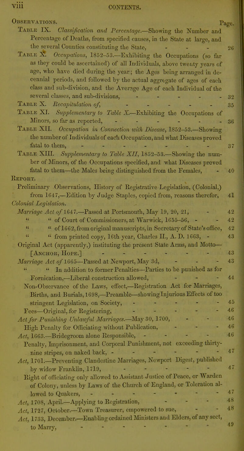 Observations. Page. Table IX. Classification and Percenlage.—Showing the Number and Percentage of Deaths, from specified causes, in tlie State at large, and the several Counties constituting the State, - - - 26 Table X Occupations, 1852-53.—Exhibiting the Occupations (so far as they could be ascertained) of all Individuals, above twenty yea)'s of age, who have died during the year; the Ages being arranged in de- cennial periods, and followed by the actual aggregate of ages of each class and sub-division, and the Average Age of each Individual of the several classes, and sub-divisions, - - - - - 32 Table X. Recajxitulation of., - _ - - . 35 Table XI. Supplementary to Table X.—Exhibiting the Occupations of Minors, so far as reported, - - - - - - 3(J Table XII. Occupation in Connection xoitli Disease, 1852-53.—Showing the number of Individuals of eacfh Occupation, and what Diseases proved fatal to them, - 37 Table XIII. Supjylemmtary to Table XII, 1852-53.—Showing the nimi- ber of Minors, of the Occupations specified, and what Diseases proved fatal to them—the Males being distinguished from the Females, - 40 Report. Preliminary Observations, History of Registrative Legislation, (Colonial,) from 1647,—Edition by Judge Staples, copied from, reasons therefor, 4l Colonial Legislation. Marriage Act of 1647.—Passed at Portsmouth, May 19, 20, 21, - 42   of Court of Commissioners, at Warwick, 1655-56, - - 42   of 1662,from originalmanuscripts,in Secretaiy of State's office, 42  » from printed copy, l6th year, Charles II., A. D. 1663, - 43 Original Act (apparently,) instituting the present State Arms, and Motto— [Anchor, Hope.] 43 Marriage Act of 1^(3^—Passed at Newport, May 3d, - - - 43   In addition to former Penalties—Parties to be punished as for Fornication,—Liberal construction allowed, - - - 44 Non-Observance of the Laws, effect,—Registration Act for Marriages, Births, and Burials, 1698,—Preamble—showing Injurious Effects of too stringent Legislation, on Society, - - - - - 45 Fees—Original, for Registei-ing, - - - - - 46 ActforPunislmigUnlaiofulMamages.—May 30, 1700, - - 46 High Penalty for Officiating without Publication, - - - 46 Act, 1663.—Bridegroom alone Responsible, - - - - 46 Penalty, Imprisonment, and Corporal Punishment, not exceeding thirty- nine stripes, on naked back, - - - - - - 47 Act, 1701.—Preventing Clandestine Marriages, Newport Digest, published by widow Franklin, 1719, - - - - - Right of officiating only allowed to Assistant Justice of Peace, or Wai-dcn of Colony, unless by Laws of the Church of England, or Toleration al- lowed to Quakers, - - - - - - - 47 vie/:, 1708, April.—Applying to Registration, . - - 48 Act, 1727, October.—Town Treasurer, empowered to sue, - - 48 Act, 1733, December.—Enabling ordained Ministers and Elders, of any sect, to Marry, - -- -- --49