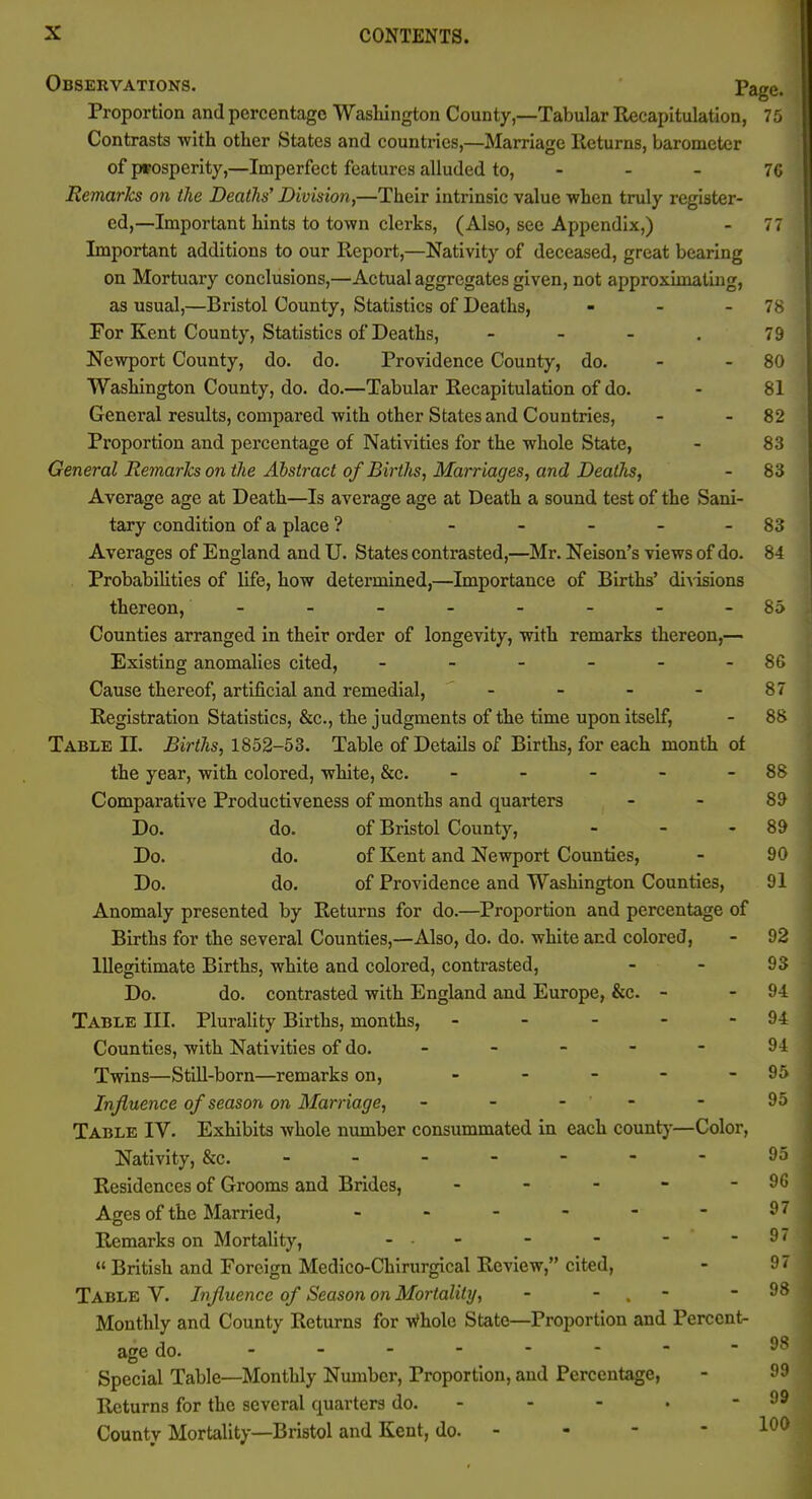 Observations. Page. Proportion cand percentage Washington County,—Tabular Recapitulation, 75 Contrasts with other States and countries,—Marriage Returns, barometer of prosperity,—Imperfect features alluded to, - - - 76 Remarks on the Deaths' Division,—Their intrinsic value when truly register- ed,—Important hints to town clerks, (Also, see Appendix,) - 77 Important additions to our Report,—Nativity of deceased, great bearing on Mortuary conclusions,—Actual aggregates given, not approximating, as usual,—Bristol County, Statistics of Deaths, - - - 78 For Kent County, Statistics of Deaths, - - - . 79 Newport County, do. do. Providence County, do. - - 80 Washington County, do. do.—Tabular Recapitulation of do. - 81 General results, compared with other States and Countries, - - 82 Proportion and percentage of Nativities for the whole State, - 83 General Remarks on the Abstract of Births, Marriages, and Deaths, - 83 Average age at Death—Is average age at Death a sound test of the Sani- tary condition of a place ? ----- 83 Averages of England and U. States contrasted,—Mr. Neison's views of do. 84 . Probabilities of life, how determined,—Importance of Births' divisions thereon, - - - - - - - -85 Counties arranged in their order of longevity, with remarks thereon,— Existing anomalies cited, - - - - - - 8G Cause thereof, artificial and remedial, - - - - 87 Registration Statistics, &c., the judgments of the time upon itself, - 88 Table II. Births, 1852-53. Table of Details of Births, for each month of the year, with colored, white, &c. - - - - - 88 Comparative Productiveness of months and quarters - - 89 Do. do. of Bristol County, - - - 89 Do. do. of Kent and Newport Counties, - 90 Do. do. of Providence and Washington Counties, 91 Anomaly presented by Returns for do.—Proportion and percentage of Births for the several Counties,—Also, do. do. white and colored, - 92 Illegitimate Births, white and colored, contrasted, - - 93 Do. do. contrasted with England and Europe, &c. - - 94 Table III. Plurality Births, months, - - - - - 94 Counties, with Nativities of do. - - - - - 94: Twins—Still-born—remarks on, - - - - - 95 j Influence of season on Marriage, - - - - - 95j Table IV. Exhibits whole number consummated in each count)-—Color, Nativity, &c. - -- -- -- 9S Residences of Grooms and Brides, - - - - ' Ages of the Married, ------ 91 Remarks on Mortality, . . - - - - - 93  British and Foreign Medico-Chirurgical Review, cited, - 93 Table V. Influence of Season on Mortality, - - . - - 98 Monthly and County Returns for -rfhole State—Proportion and Percent- age do. -------- 98 Special Table—Monthly Number, Proportion, and Percentage, - 9j Returns for the several quarters do. - - - •  County Mortality—Bristol and Kent, do. - - - *