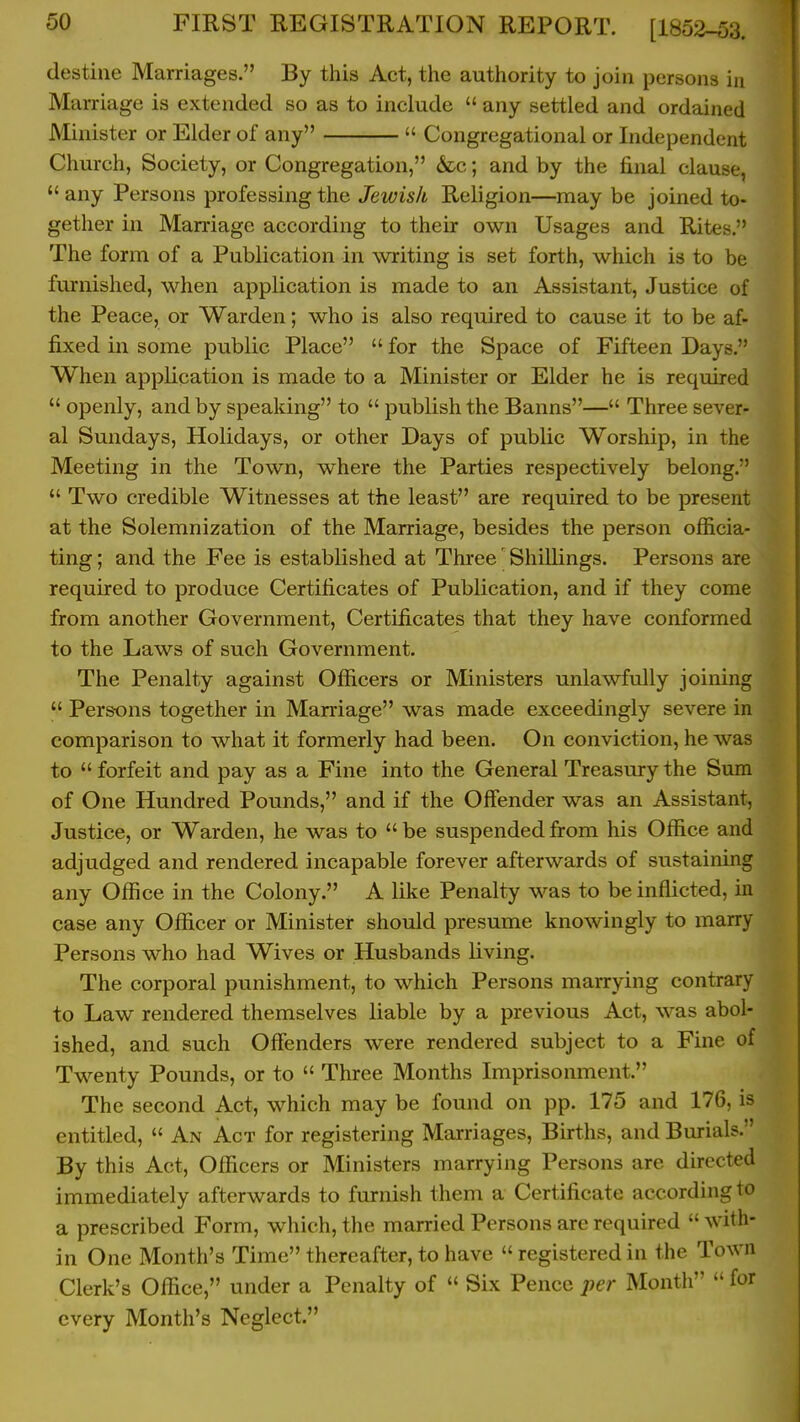 destine Marriages. By this Act, the authority to join persons in Mai-riage is extended so as to include  any settled and ordained Minister or Elder of any  Congregational or Independent Church, Society, or Congregation, &c; and by the final clause,  any Persons professing the Jeiuish Religion—may be joined to- gether in Marriage according to their own Usages and Rites. The form of a Publication in writing is set forth, which is to be furnished, when application is made to an Assistant, Justice of the Peace, or Warden; who is also required to cause it to be af- fixed in some public Place  for the Space of Fifteen Days. When application is made to a Minister or Elder he is required  openly, and by speaking to  publish the Banns— Three sever- al Sundays, Holidays, or other Days of public Worship, in the Meeting in the Town, where the Parties respectively belong.  Two credible Witnesses at the least are required to be present at the Solemnization of the Marriage, besides the person officia- ting ; and the Fee is established at Three' Shillings. Persons are required to produce Certificates of Publication, and if they come from another Government, Certificates that they have conformed to the Laws of such Government. The Penalty against Officers or Ministers unlawfully joining  Persons together in Mamage was made exceedingly severe in comparison to what it formerly had been. On conviction, he was to  forfeit and pay as a Fine into the General Treasury the Sum of One Hundred Pounds, and if the Offender was an Assistant, Justice, or Warden, he was to  be suspended from his Office and adjudged and rendered incapable forever afterwards of sustaining any Office in the Colony. A like Penalty was to be inflicted, in case any Officer or Minister should presume knowingly to marry Persons who had Wives or Husbands living. The corporal punishment, to which Persons marrying contrary to Law rendered themselves liable by a previous Act, was abol- ished, and such Offenders were rendered subject to a Fine of Twenty Pounds, or to  Three Months Imprisonment. The second Act, which may be found on pp. 175 and 176, is entitled,  An Act for registering Marriages, Births, and Burials. By this Act, Officers or Ministers marrying Persons are directed immediately afterwards to furnish them a Certificate according to a prescribed Form, which, the married Persons are required  with- in One Month's Time thereafter, to have  registered in the Town Clerk's Office, under a Penalty of  Six Pence per Month  for every Month's Neglect.